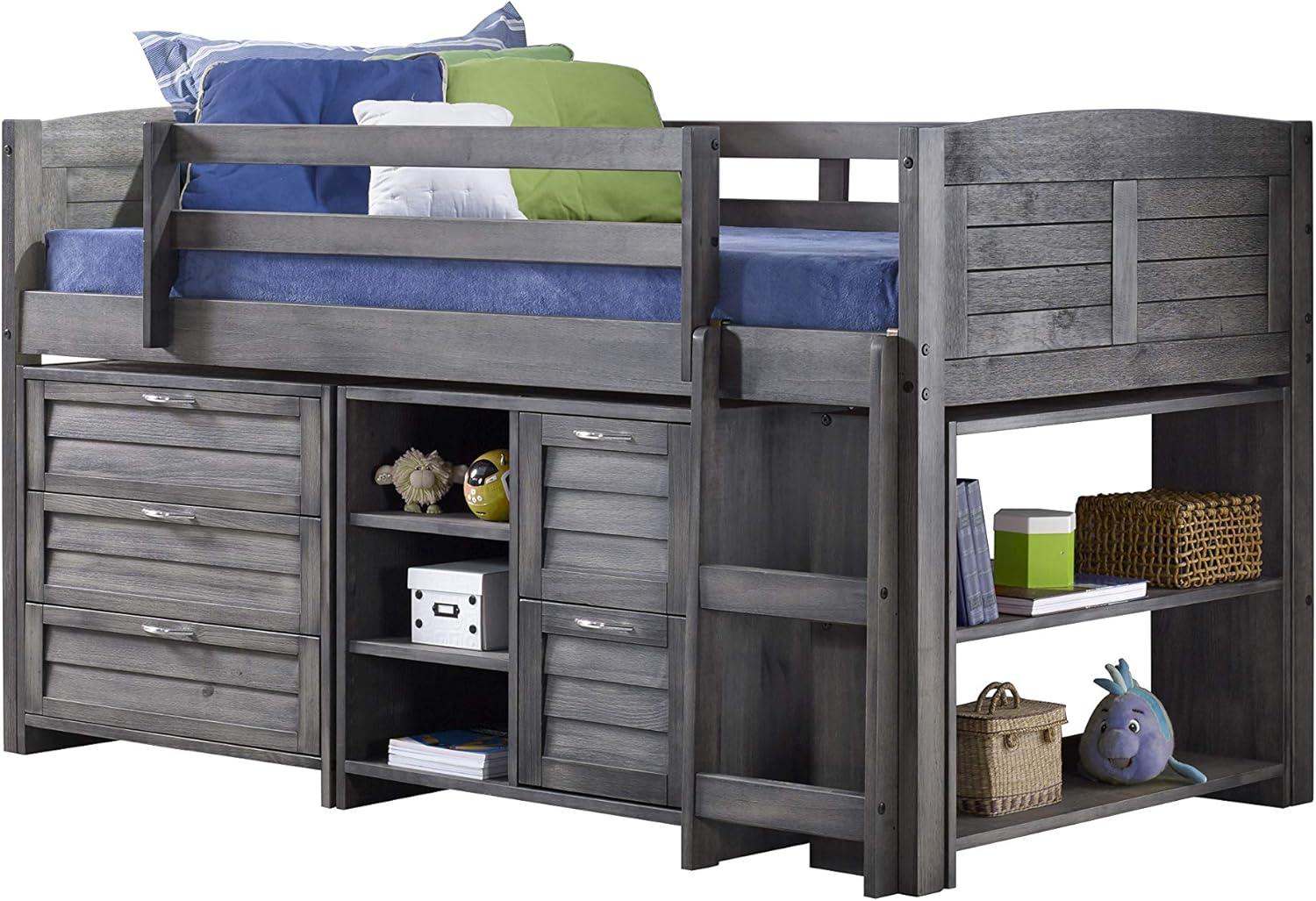 Twin Loft Wood Frame Bed with 3-Drawer Storage and Bookcase in Antique Gray