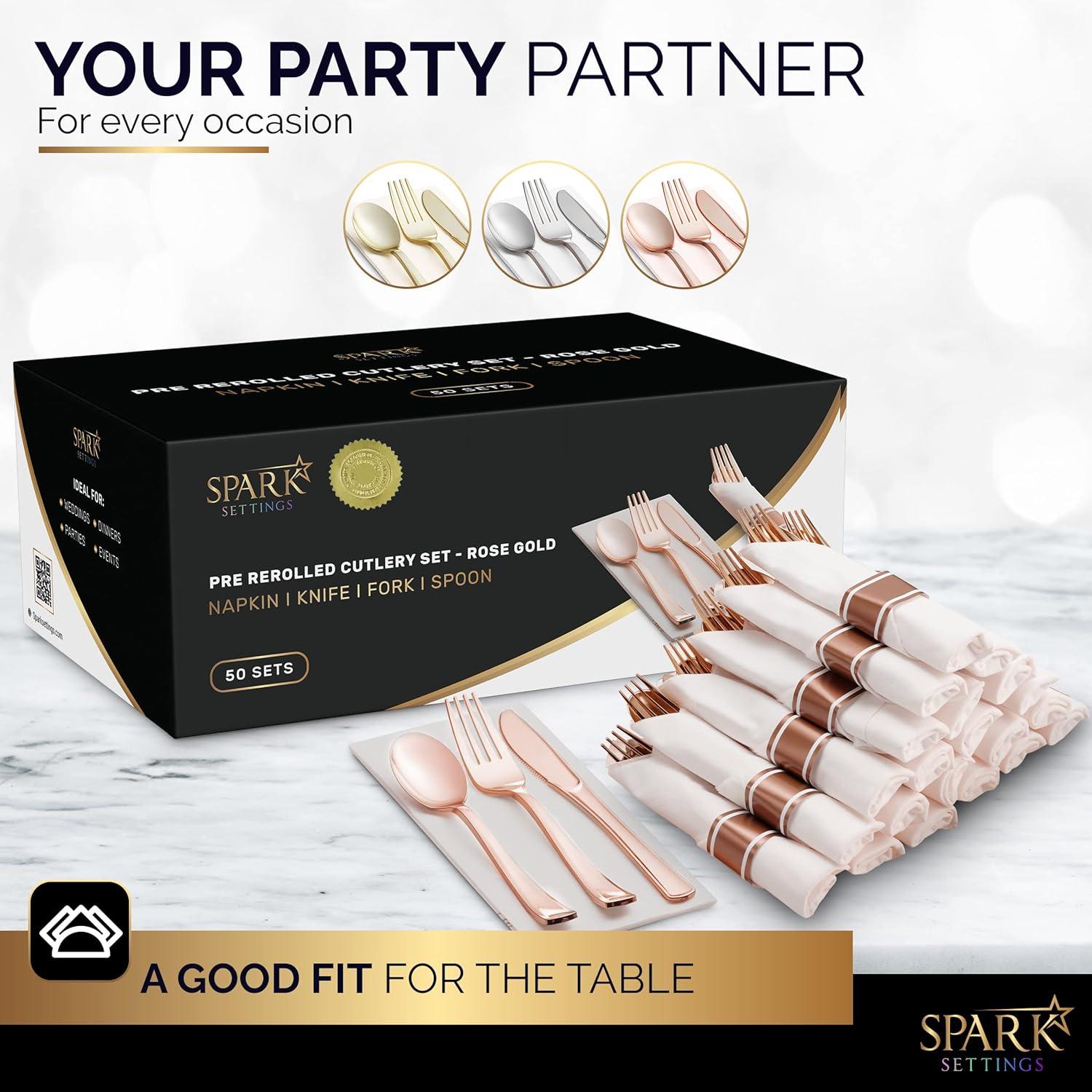 SparkSettings Rose Gold Plastic Silverware, 50 Pre Rolled Napkin and Cutlery Set