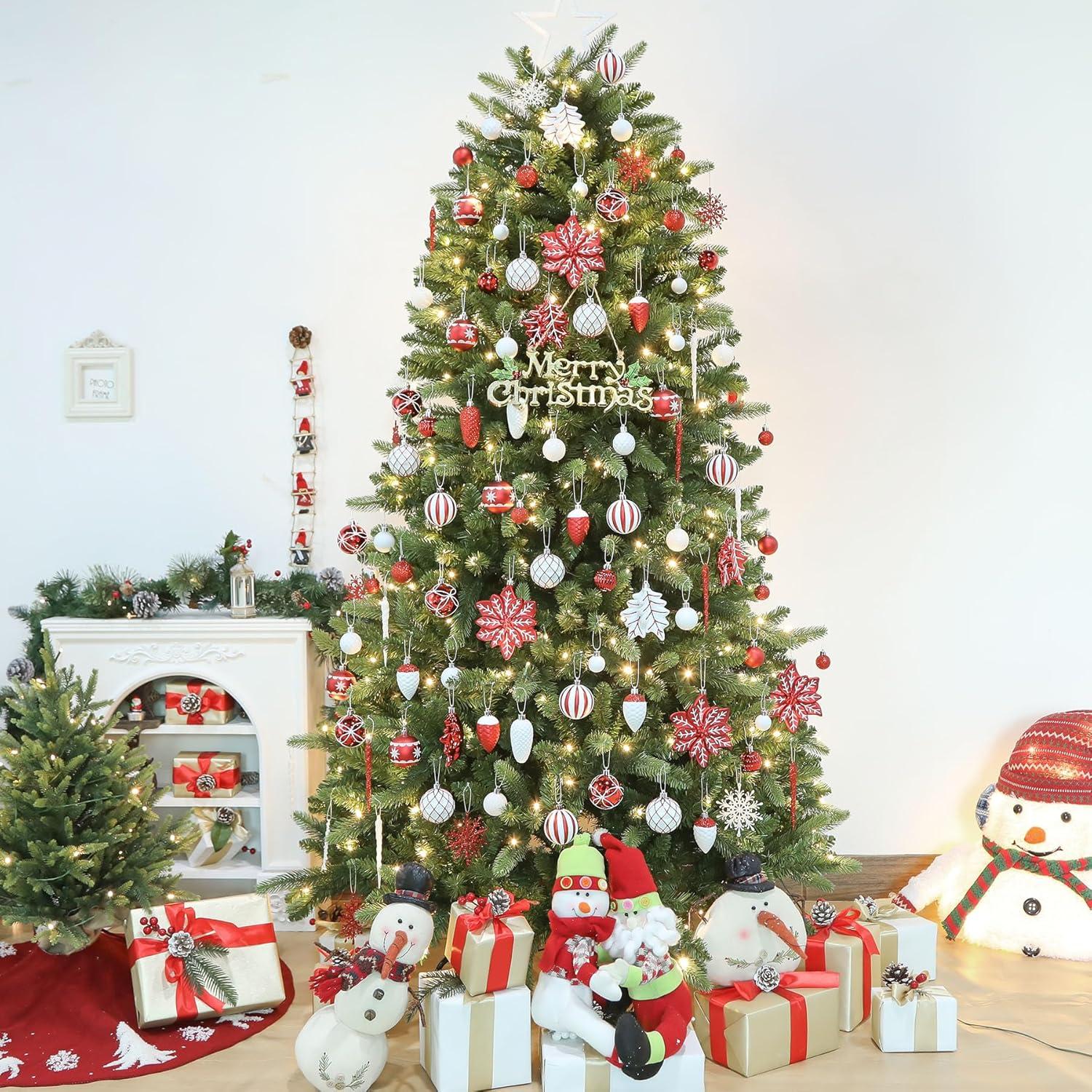 106CT Christmas Ball Ornaments, Shatterproof Plastic Baubles for Holiday Xmas Decor with Hooks, Red & White