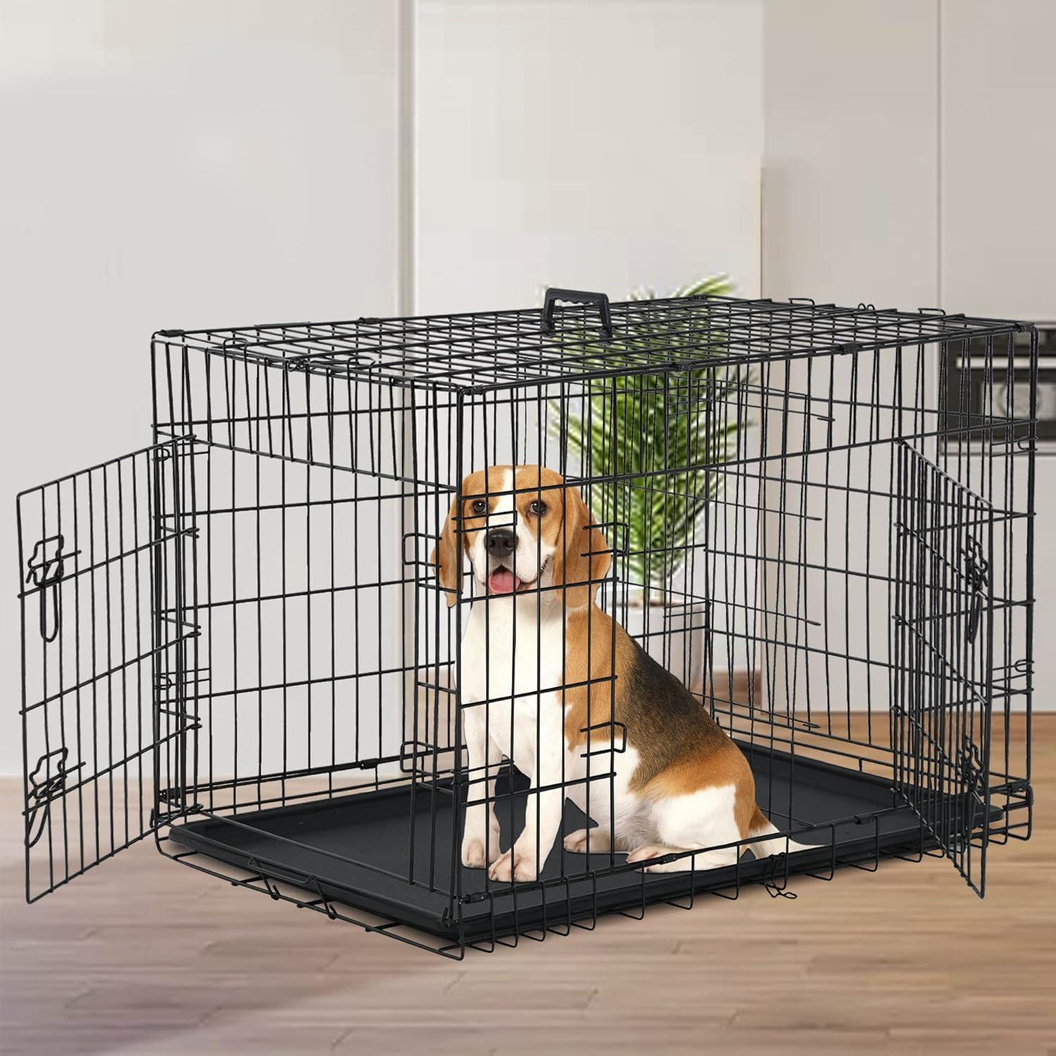 CL.HPAHKL Durable Large Dog Crate, Folding Metal Dog Kennel Double Door Dog Cage with Plastic Tray, Wire Crate for Large Dog Indoor Outdoor Travel (Black, 42 inch)