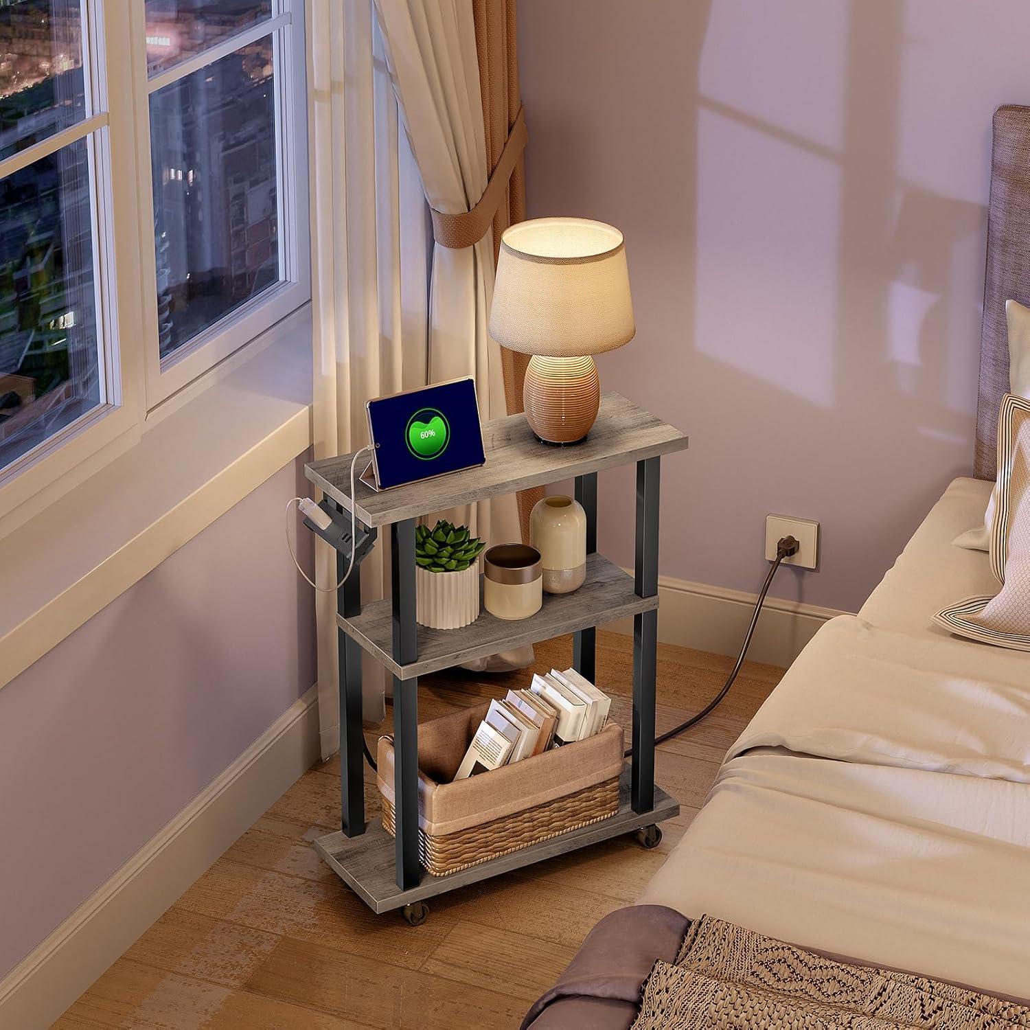 HOOBRO Small Narrow Side Table with Charging Station, Skinny End Table for Small Spaces, Slim Nightstand with USB Ports and Outlet, Sofa Beside Table on Wheels for Living Room BF122UBZ01