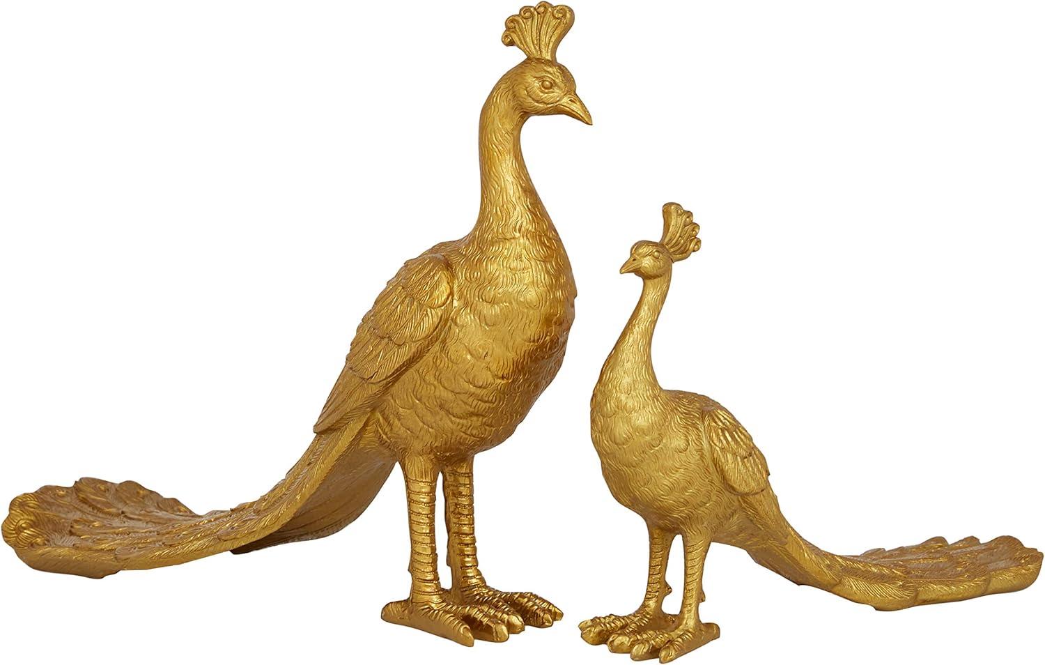 11", 8"H Gold Polystone Peacock Sculpture, by DecMode (2 Count)