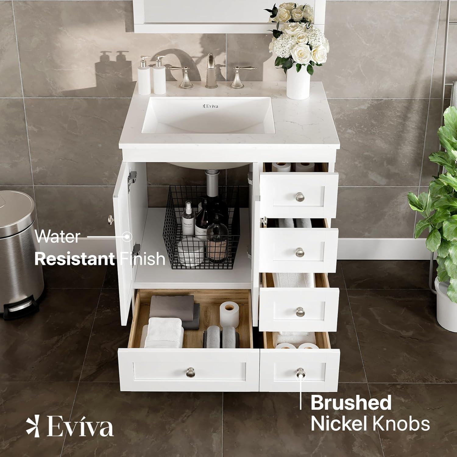 Eviva Happy 28"W x 18"D White Bathroom Vanity with White Carrara Quartz Vanity Top and Rectangular Undermount Sink