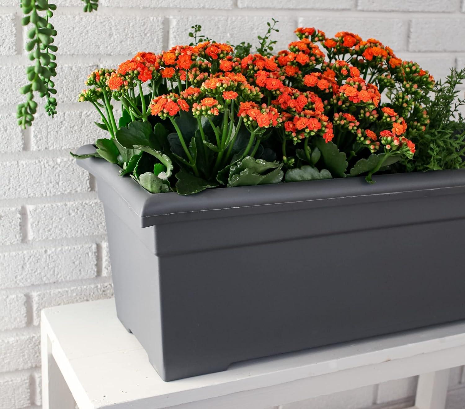 The HC Companies 28 Inch Romana Large Rectangular Planter Box - Lightweight Plastic Outdoor Plant Pot with Drainage for Decks, Patio, Pool, Warm Gray