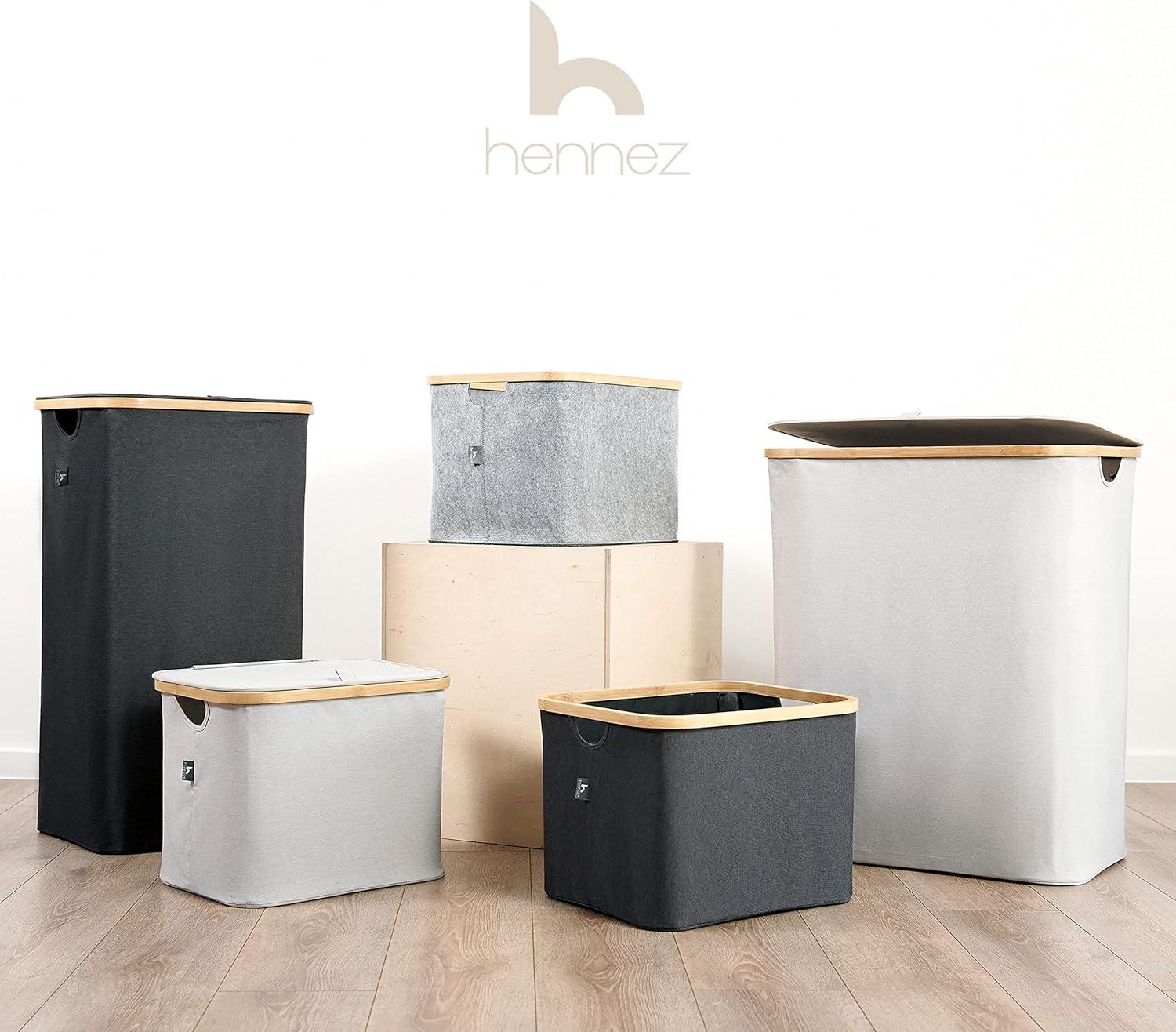 Hennez® Double Laundry Hamper with Lid, 2x Removable Bags, Thic Fabric, Bamboo Hamper 140Liter - 36gal - Light Gray