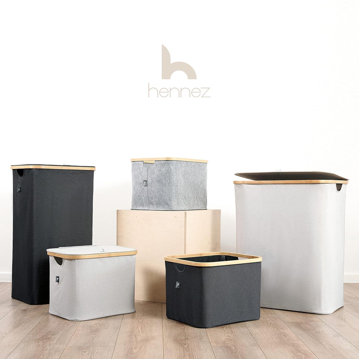Hennez® Double Laundry Hamper with Lid, 2x Removable Bags, Thic Fabric, Bamboo Hamper 140Liter - 36gal - Light Gray