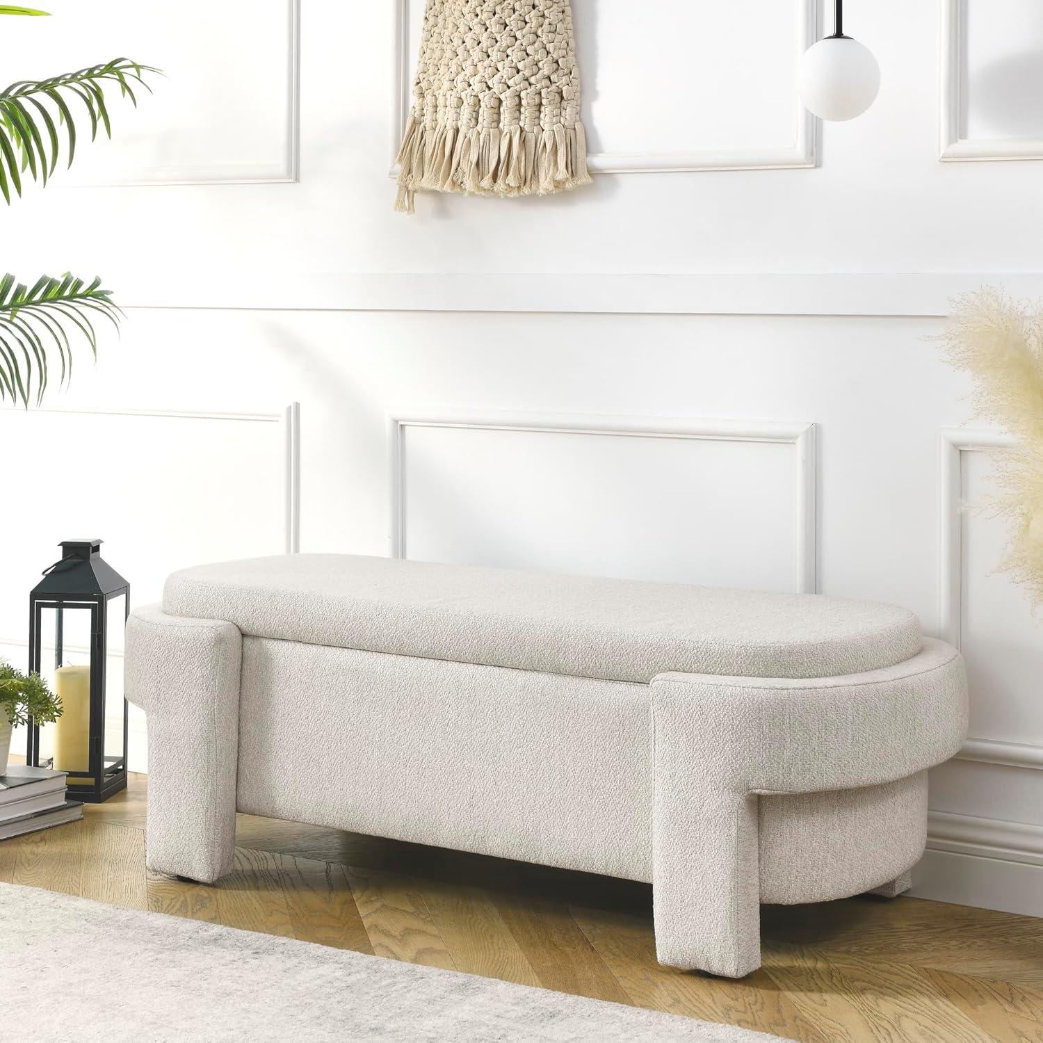 Beige Upholstered Oval Storage Bench with Wood Legs