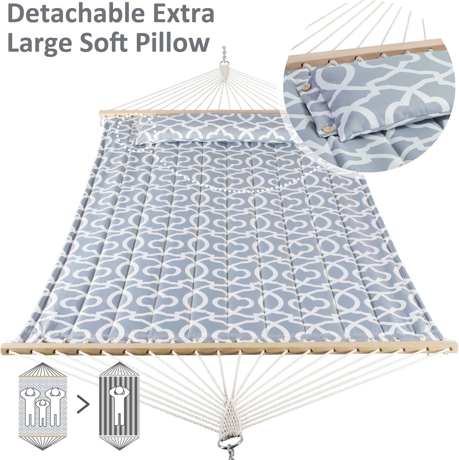 SUNCREAT Double Quilted Hammock with Hardwood Spreader Bar, Extra Large Soft Pillow, Heavy Duty 2 Person Hammock for Indoor, Outdoor, Grey Pattern