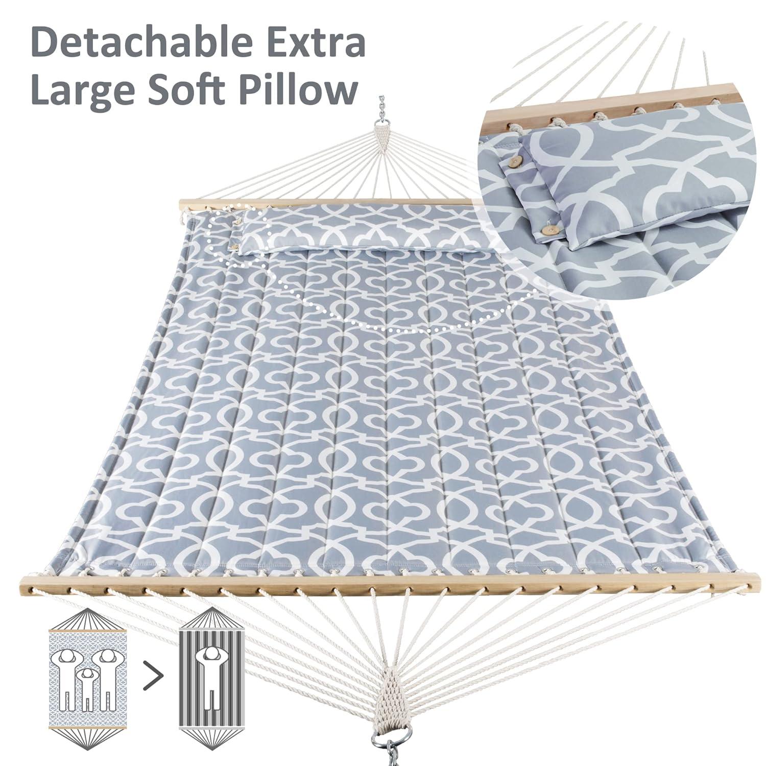 SUNCREAT Double Quilted Hammock with Hardwood Spreader Bar, Extra Large Soft Pillow, Heavy Duty 2 Person Hammock for Indoor, Outdoor, Grey Pattern