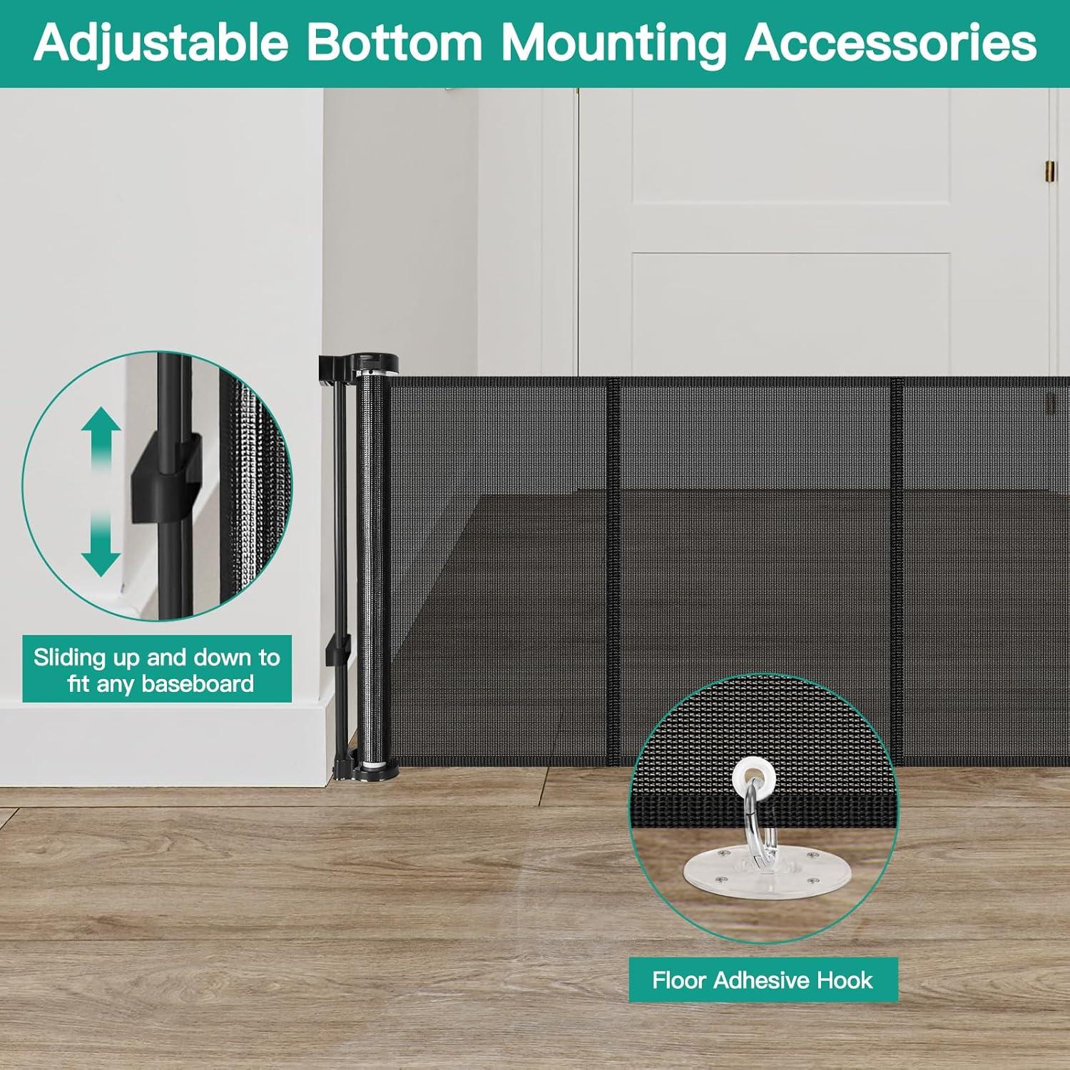 24 Inches Tall Retractable Baby Gates for Doorways, Short Dog Gates to Step Over, Extends up to 55" Wide, Reinforced Mesh Baby Gate for Kids or Pets, Gates Puppy Gates for The House (Black)