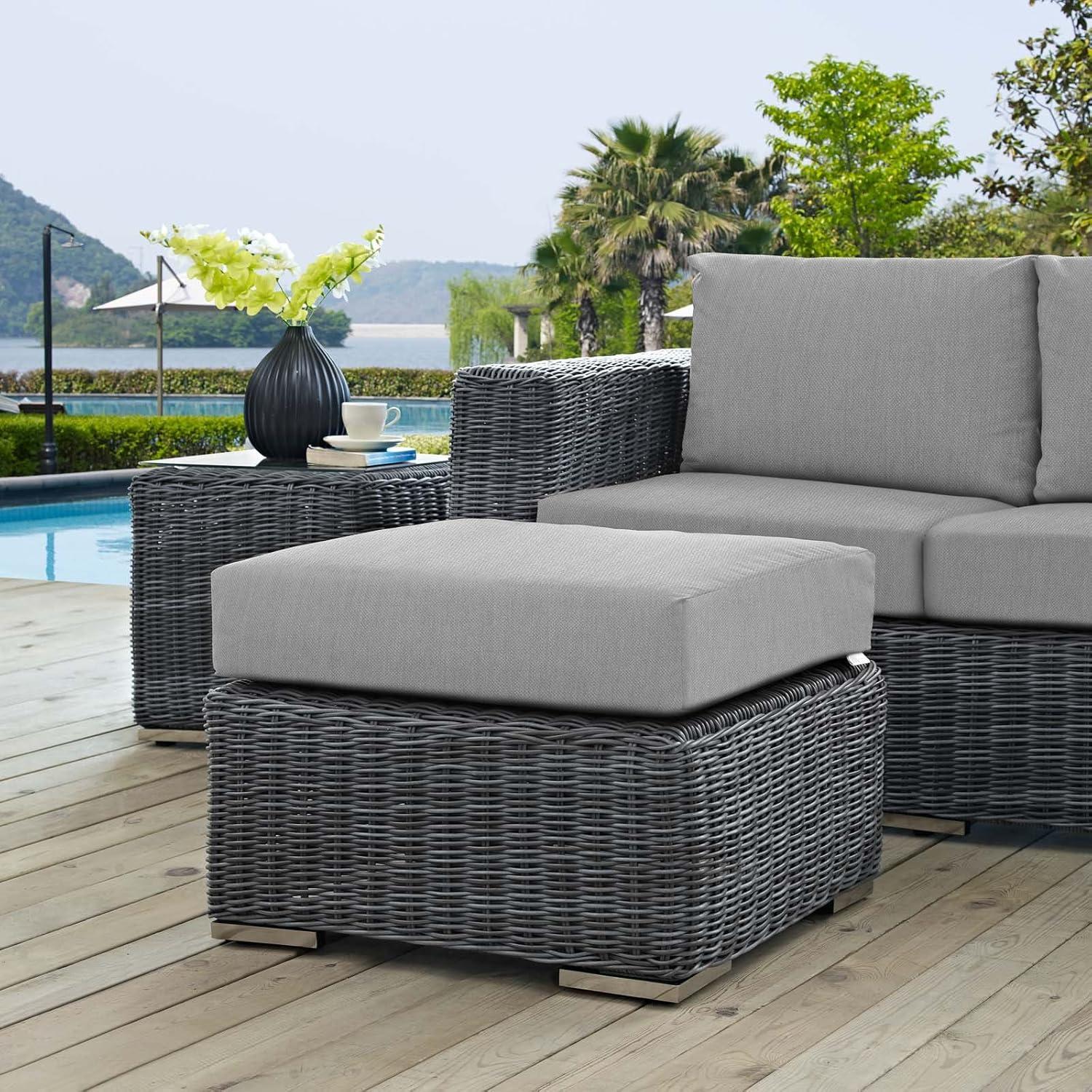 Gray Wicker Rattan Outdoor Patio Ottoman with Sunbrella Cushion