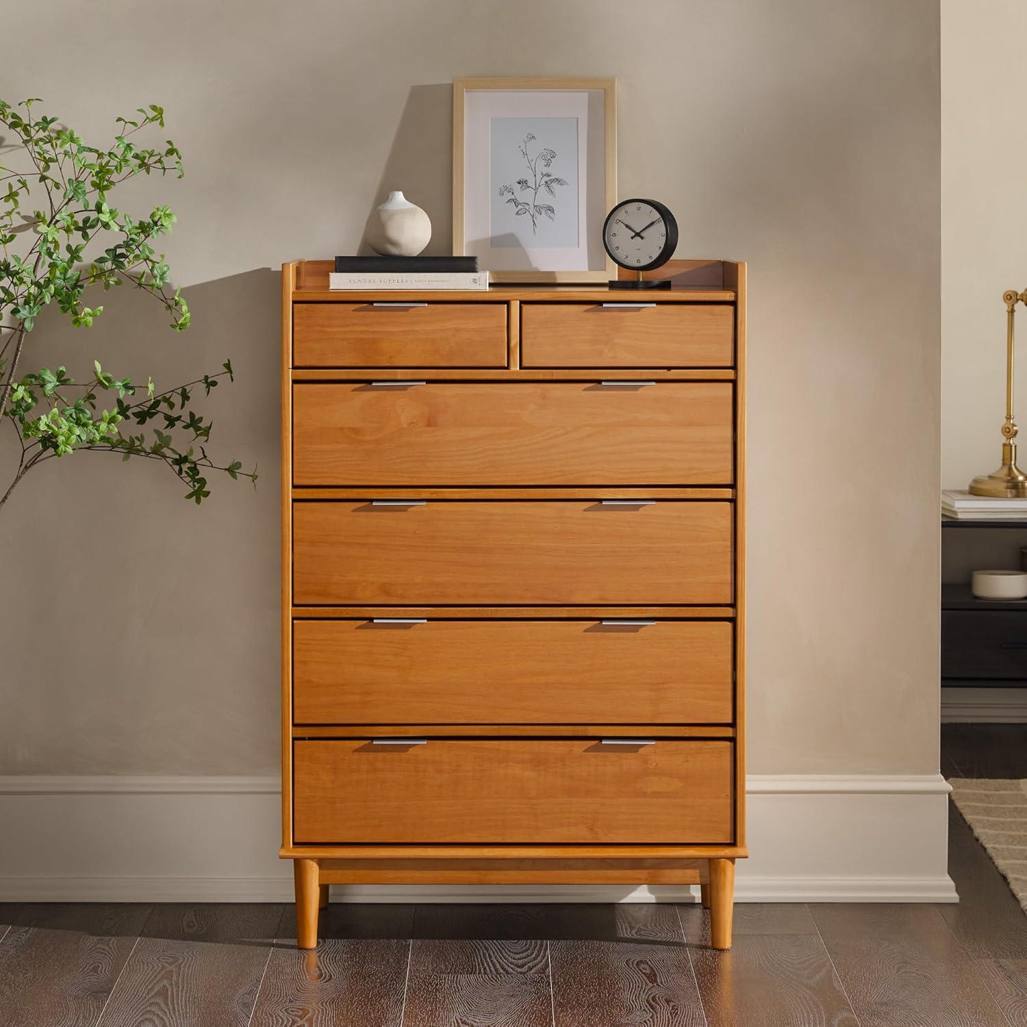 Caramel Solid Wood Mid-Century Modern 6-Drawer Tall Dresser