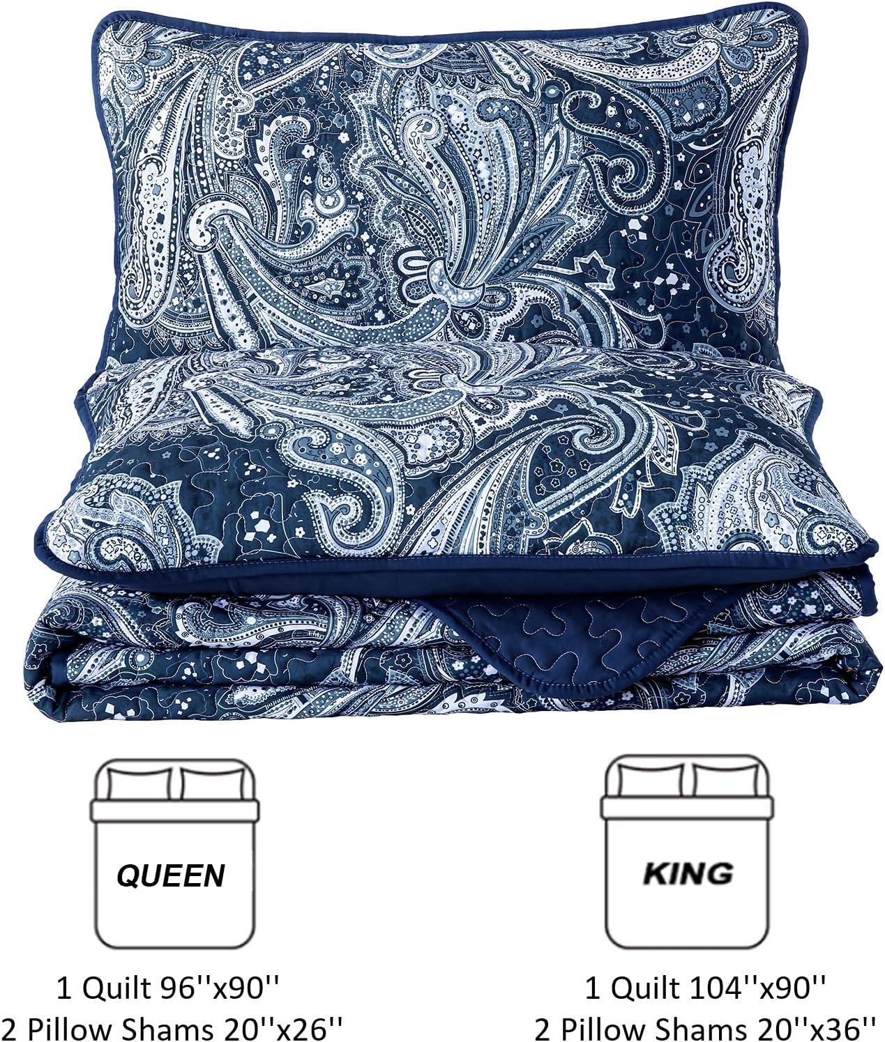 Navy Paisley Queen Quilt Set with Microfiber