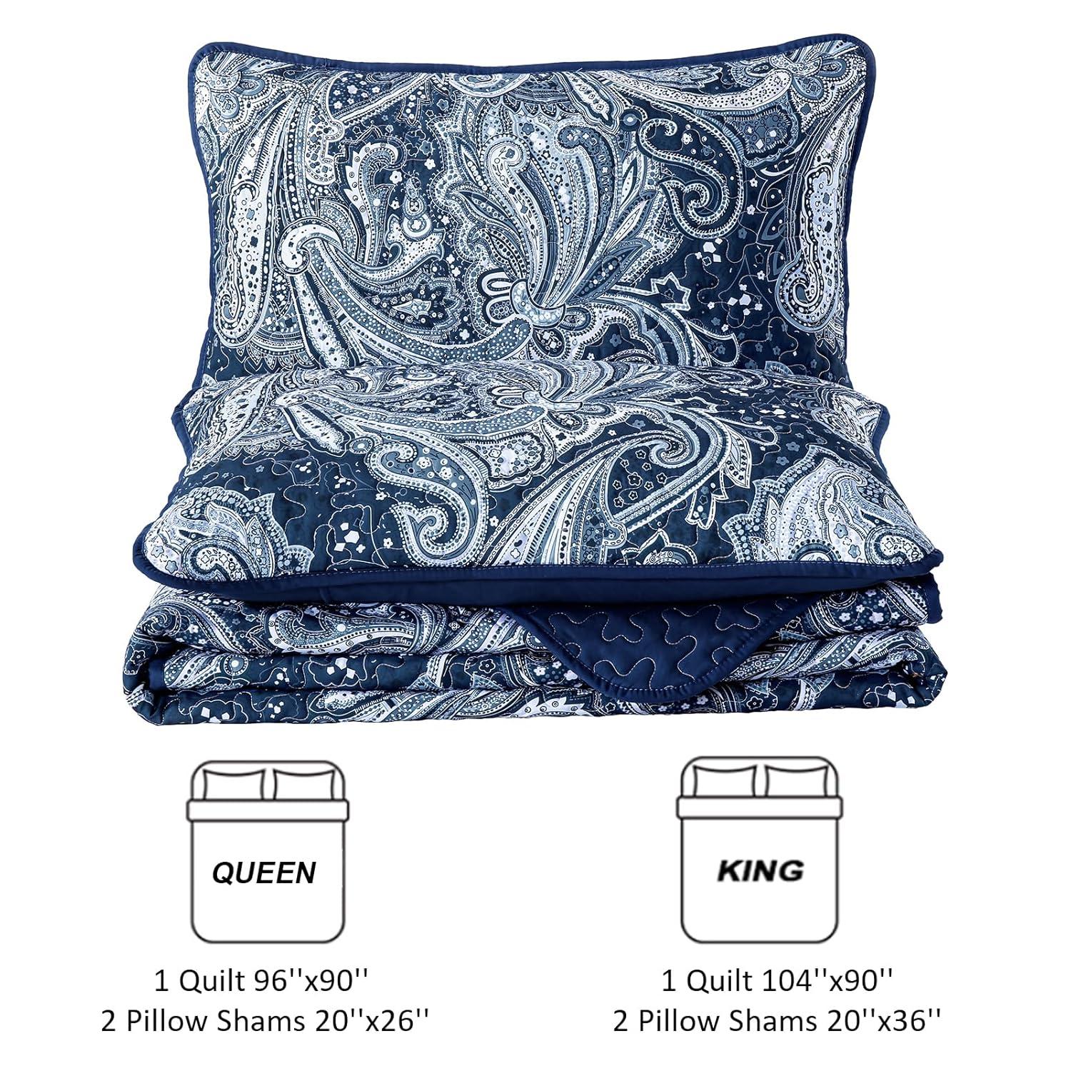 DJY Navy Paisley Quilt Set Queen Boho Bedspread Coverlet Set 3 Pieces, Soft Lightweight Microfiber Navy Blue Paisley Floral Pattern Bedding for All Season, 96"x90"