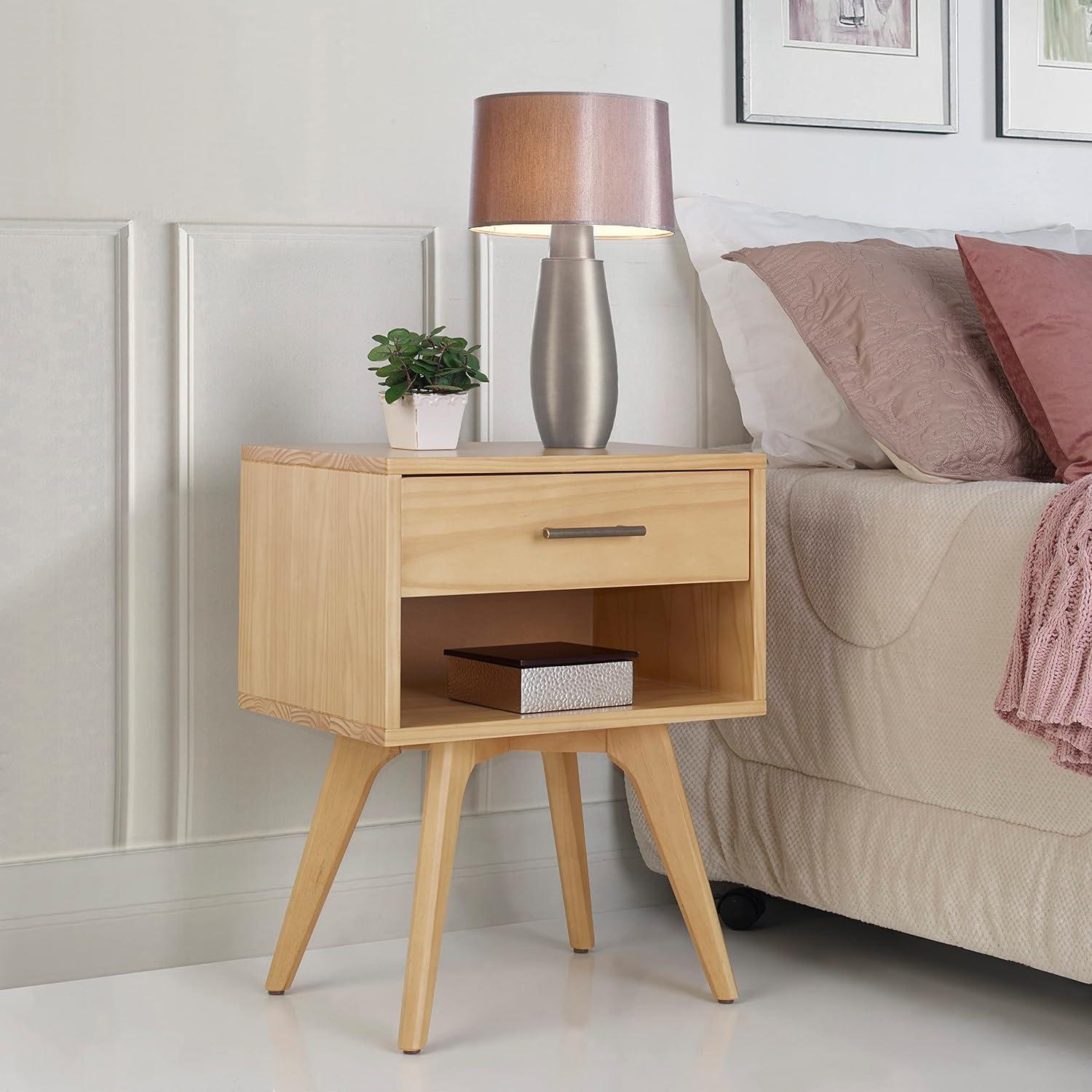 Oak Mid Century Modern Nightstand with Drawer and Shelf