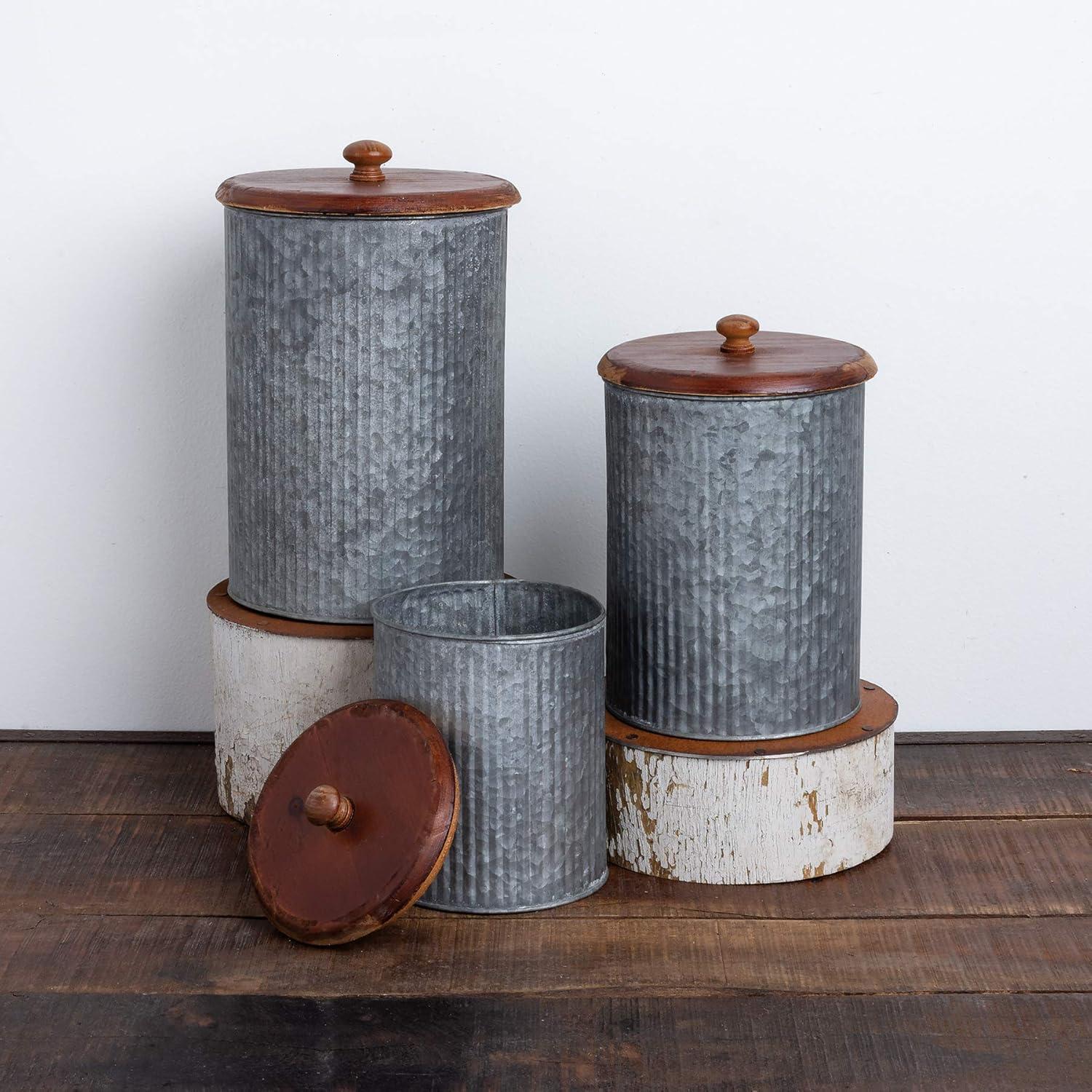 Rustic Silver Galvanized Metal and Wood Canister Set