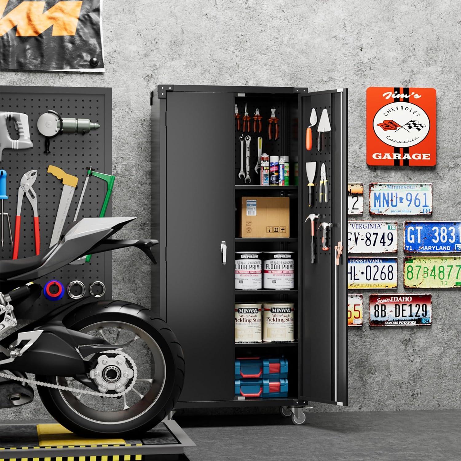 AOBABO 72 Inch Locking Metal Garage Storage Cabinet with Universal Rubber Wheels with Lockable Casters, Pegboards, and Magnetic Doors, Black