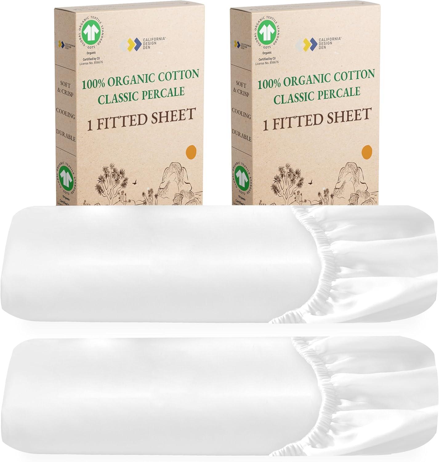 California Design Den 2-Pack 100% Organic Cotton Fitted Sheet Queen Size, Cooling Percale Weave, Lightweight & Crisp With Snug-Fit, Queen Deep Pocket Fitted Sheet Only -Bright White