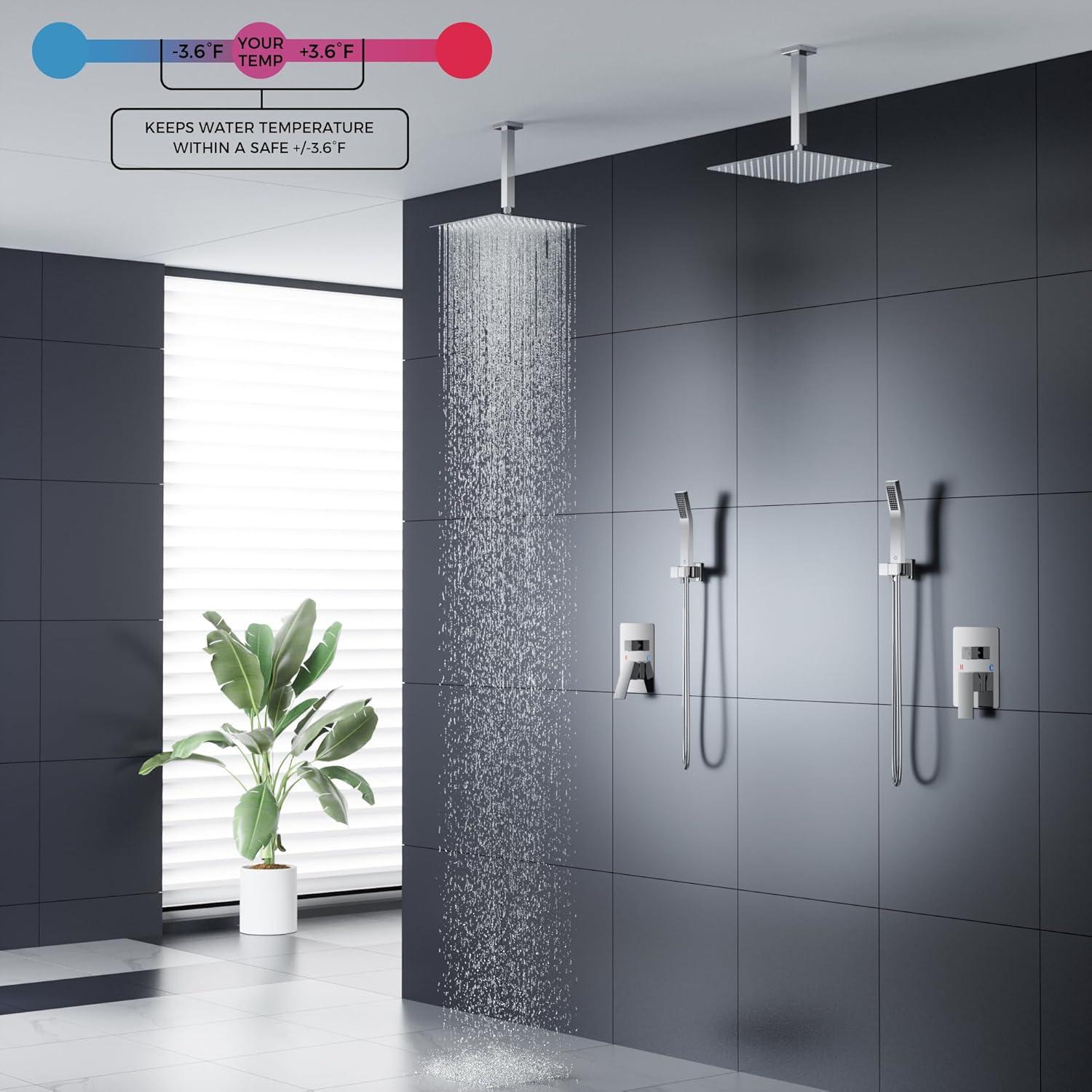 FORIOUS Shower Head System, 12 Inch Rain Shower Faucet Set with Handheld Spray Combo Rough-in Valve, Solid Brass Pressure Balanced Valve Trim Kit, Ceiling Mount, Chrome