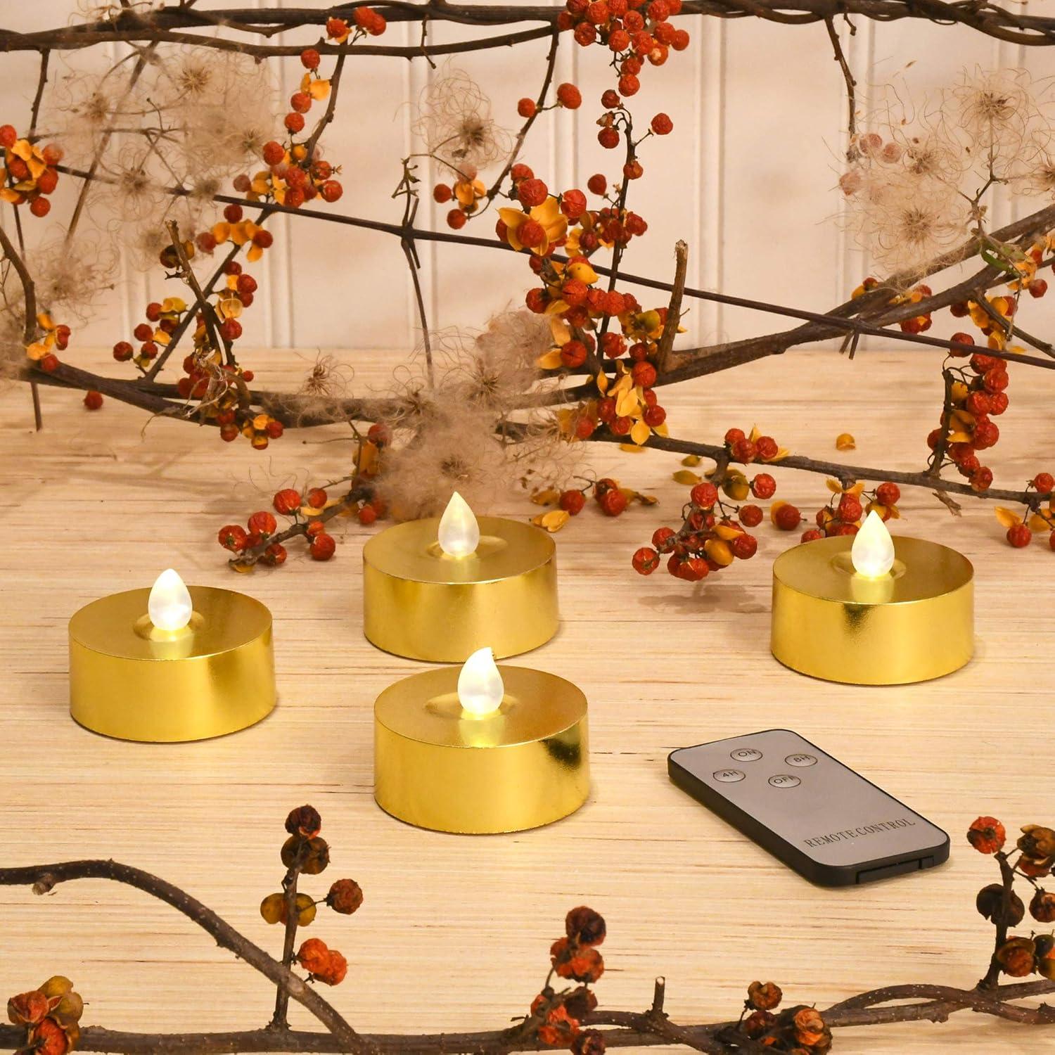 LumaBase Extra Large Battery Operated Tea Lights with Remote Control - Set of 4 (Gold)