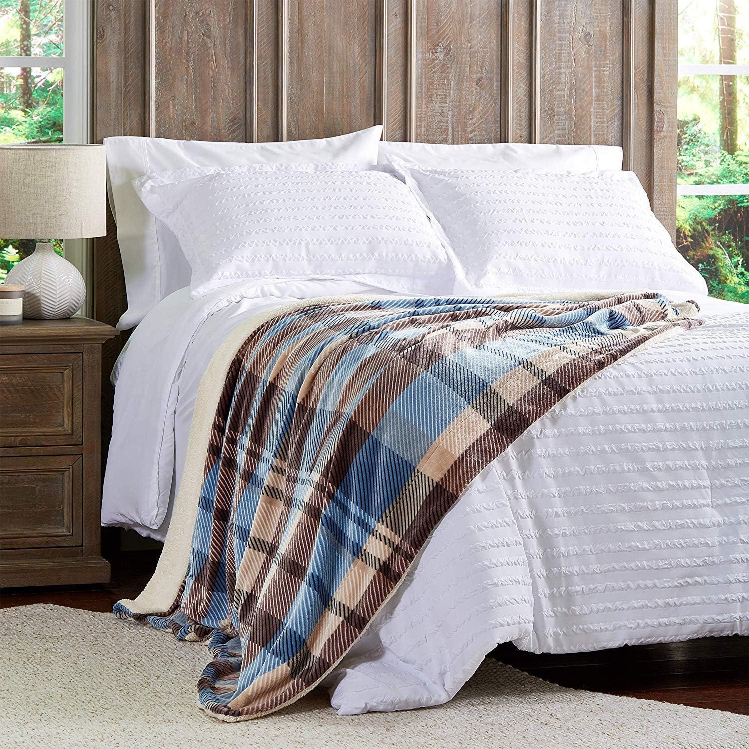 LHC 66-Throw022 Oversized Plush Woven Polyester Sherpa Fleece Plaid Blanket - Horizon