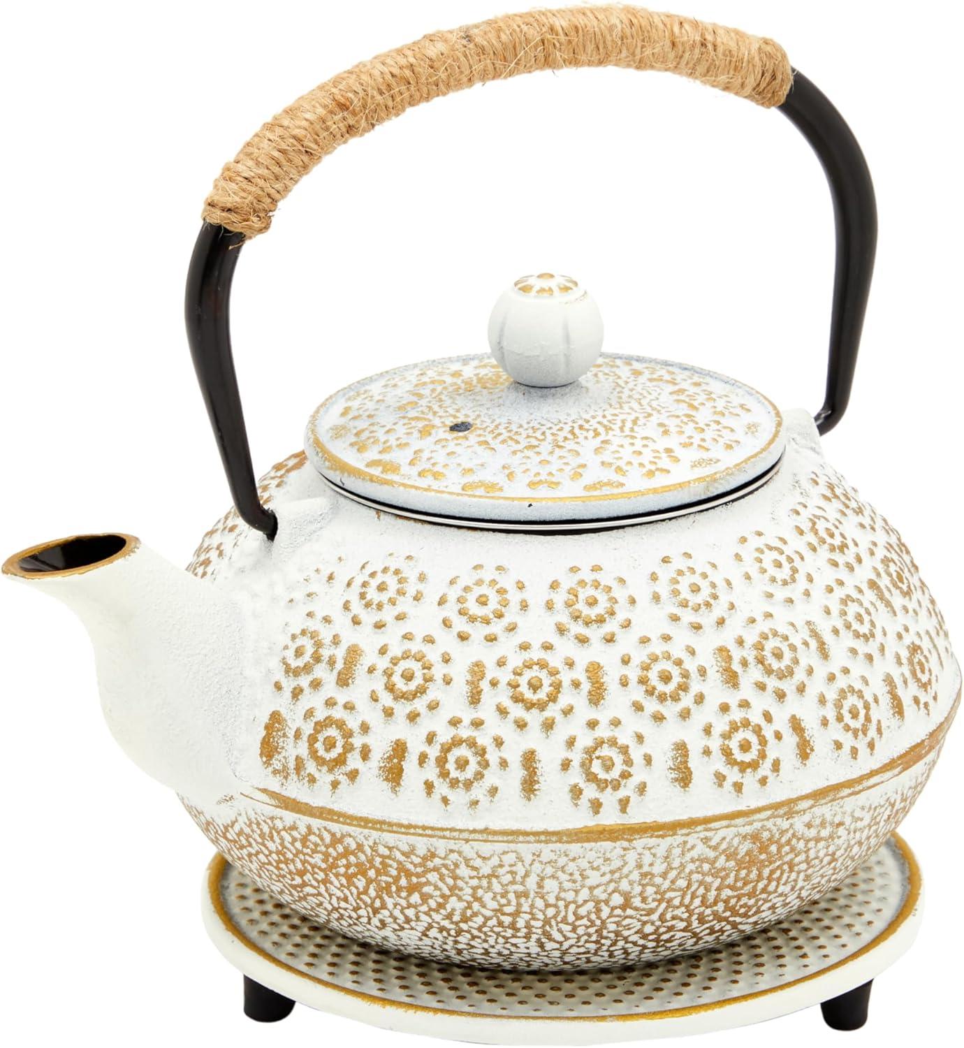 3 Piece Set White Japanese Cast Iron Teapot - Loose Leaf Tetsubin with Handle, Stainless Steel Infuser, and Trivet (27 oz, 800 ml)