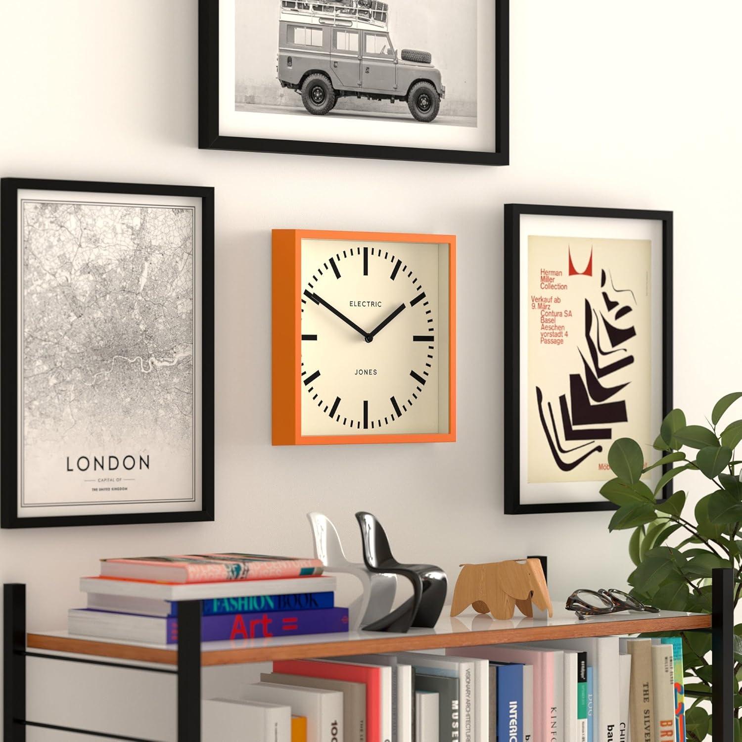 JONES CLOCKS® Box Railway Wall Clock | Square Station Clock | 10 inch | Cool Designer Look for Kitchen, Living Room or Office (Orange)