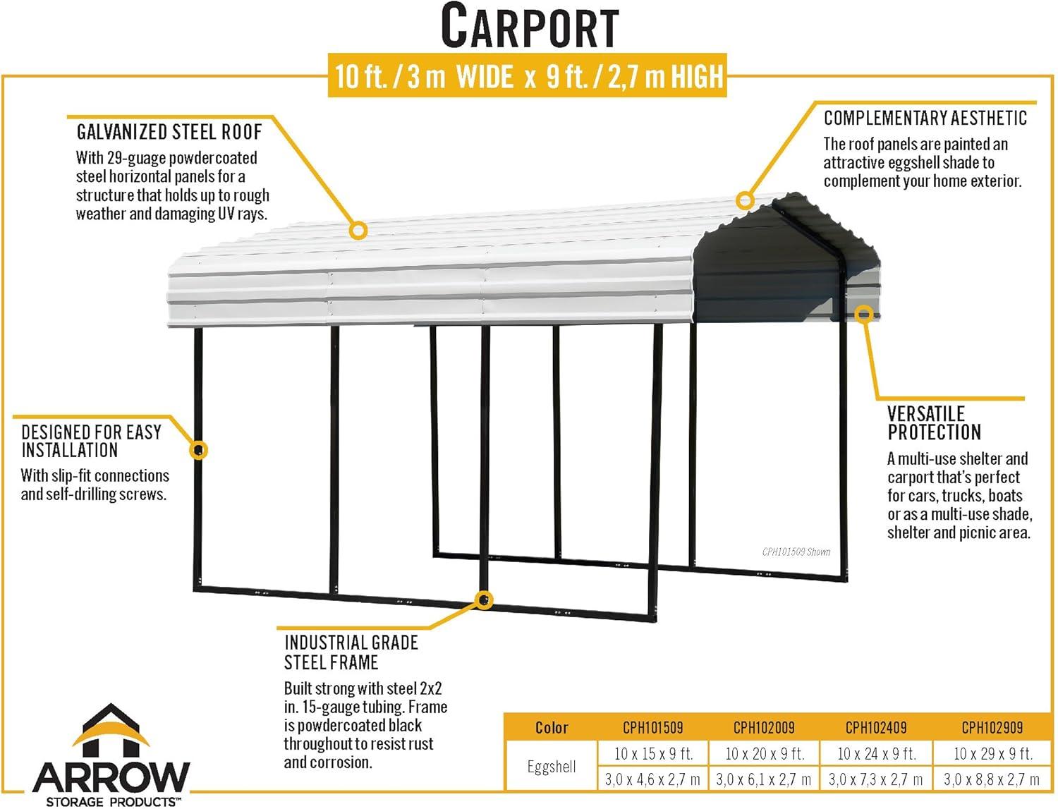 Arrow Arrow Galvanized Steel Carport, 10x15x9
