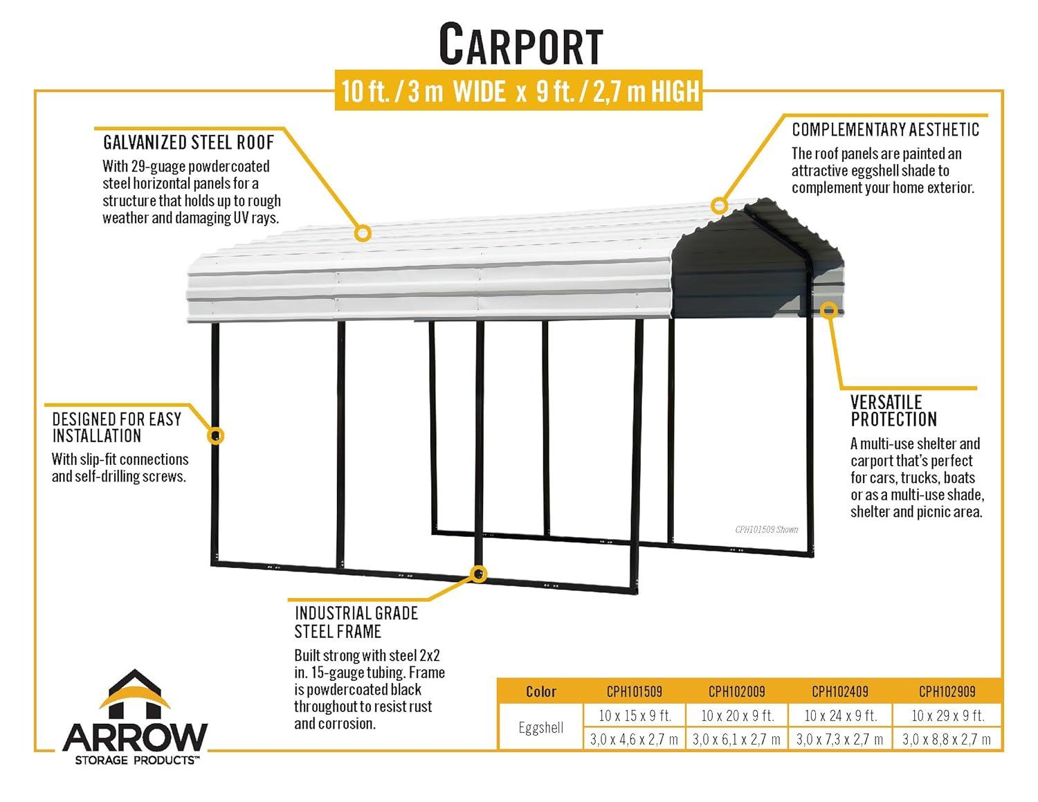 Arrow Arrow Galvanized Steel Carport, 10x15x9