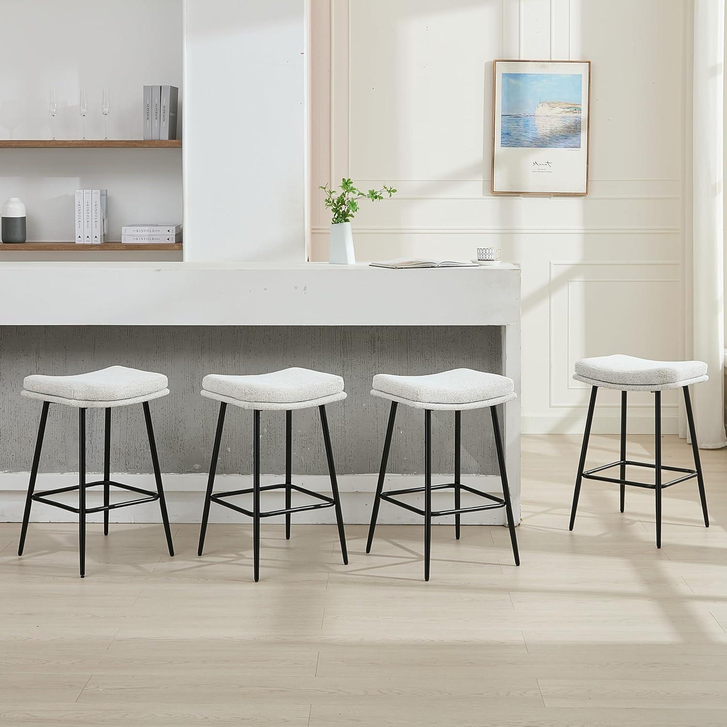 26 inch Counter Height Bar Stools Set of 2, Backless Saddle Bar Stools for Kitchen Counter, White Boucle Seat, Modern Kitchen Stools with Double Layered Cushion and Metal Legs