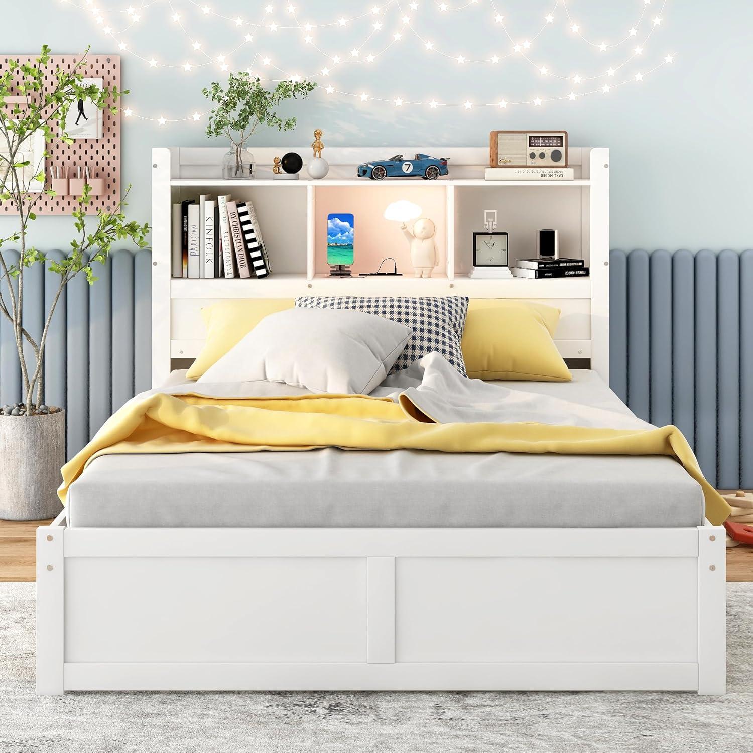 White Full Platform Bed with Storage Headboard and Trundle