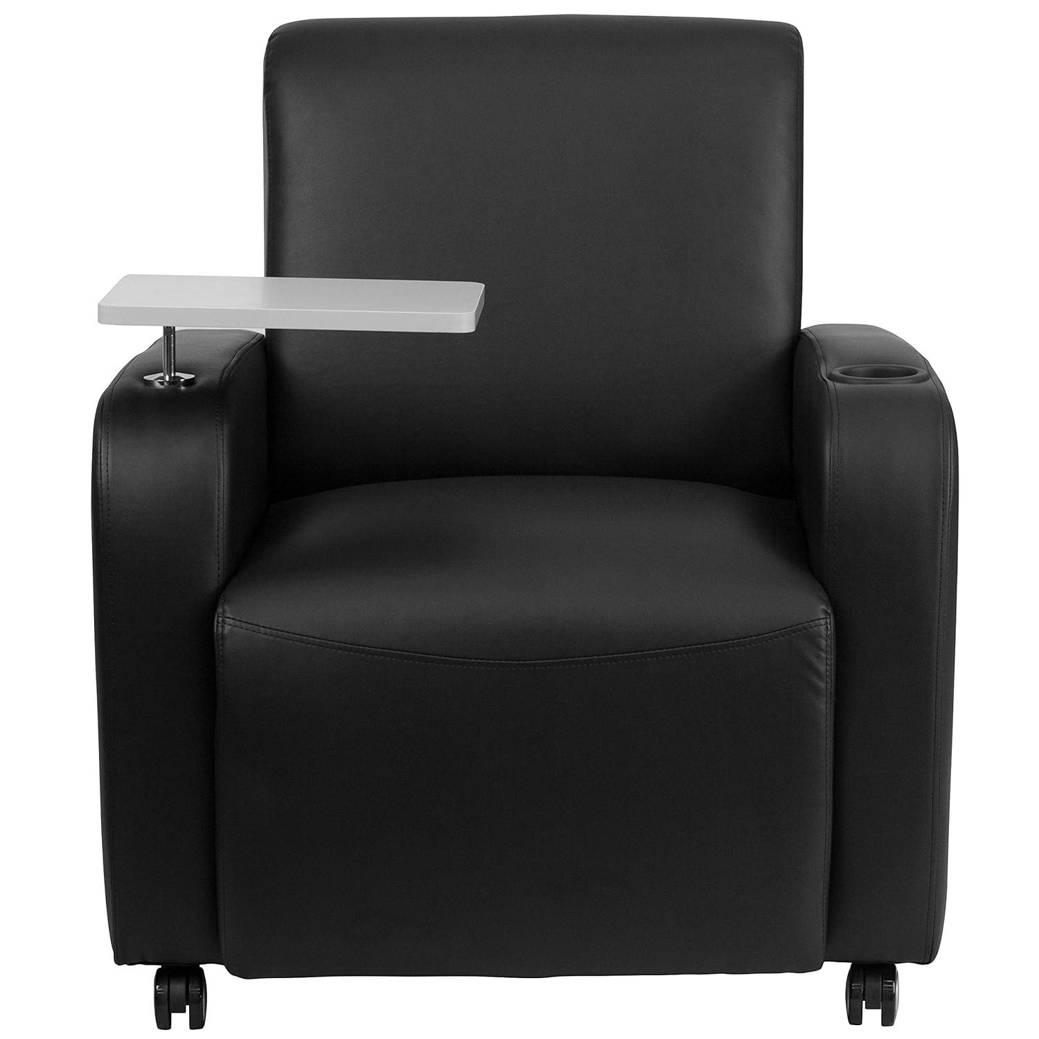 Emma and Oliver Black LeatherSoft Tablet Arm Chair, Front Wheel Casters and Cup Holder