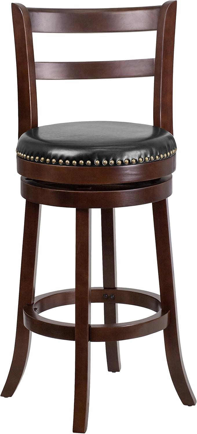 Flash Furniture Becca 30'' High Cappuccino Wood Barstool with Single Slat Ladder Back and Black LeatherSoft Swivel Seat