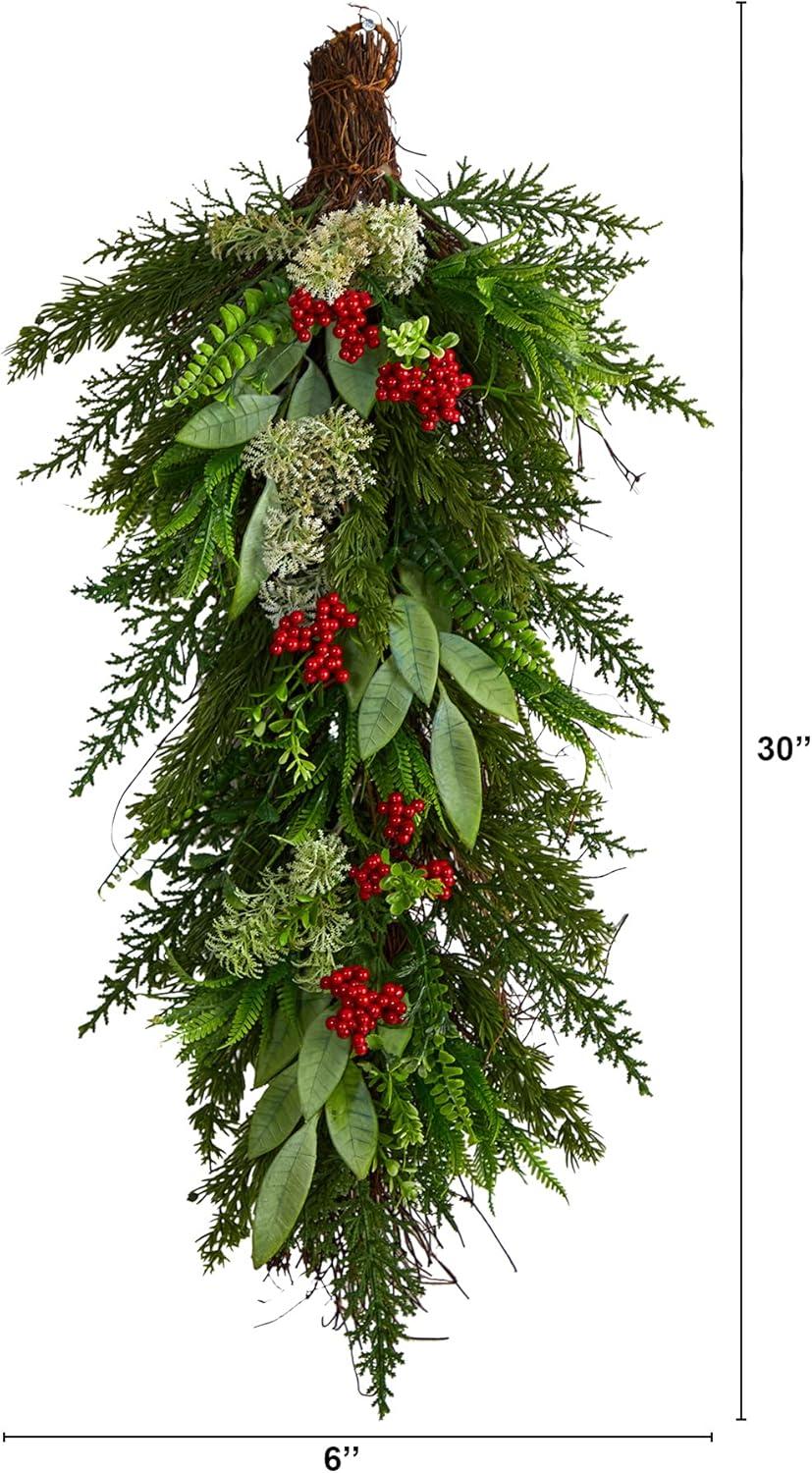 30" Green and Red Artificial Cedar Christmas Swag