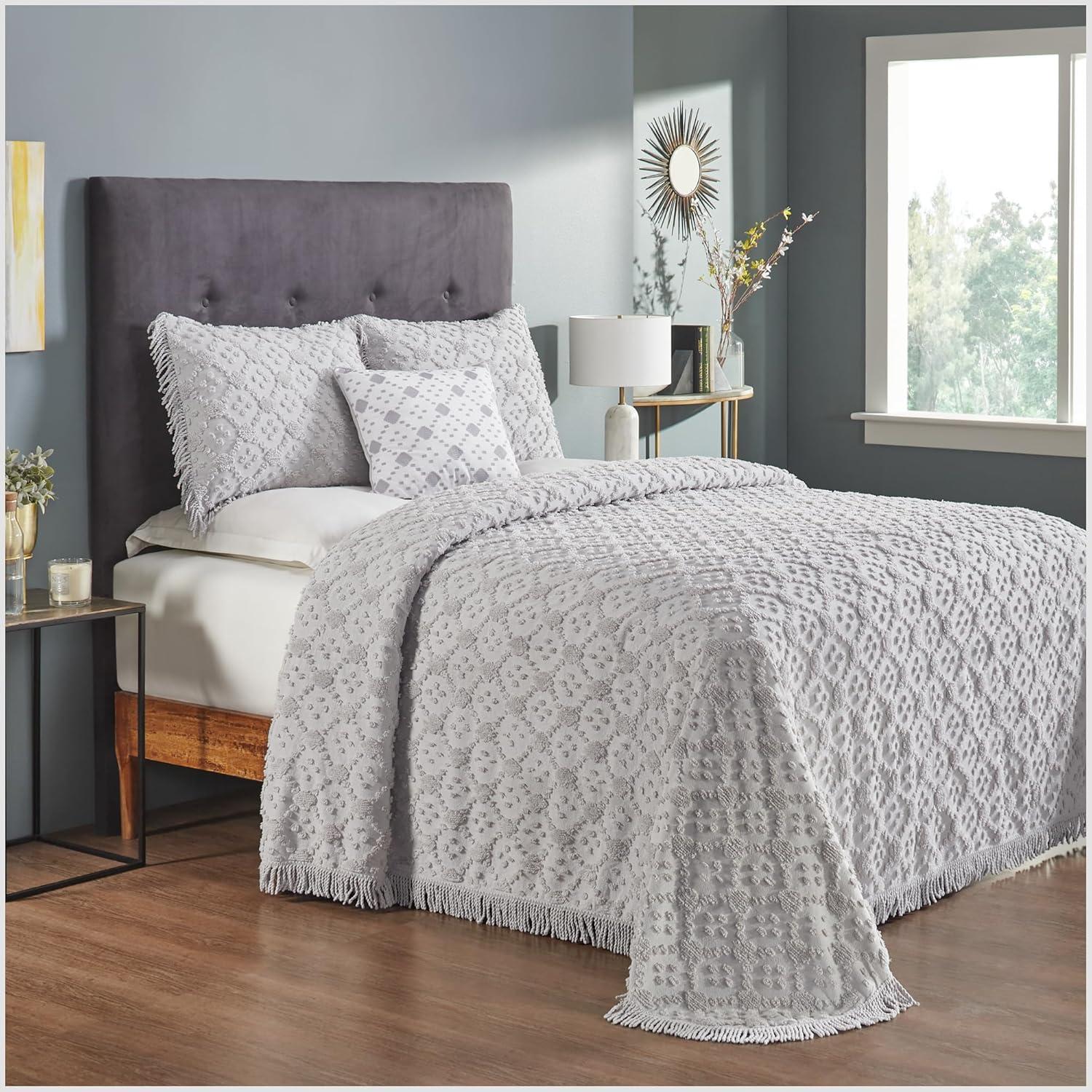 Better Trends Charleston Collection 100% Cotton Bedding sets, Machine Washable Soft and Breathable 4-piece Chenille Bedspread & Sham with Geometric Embroidery, All season