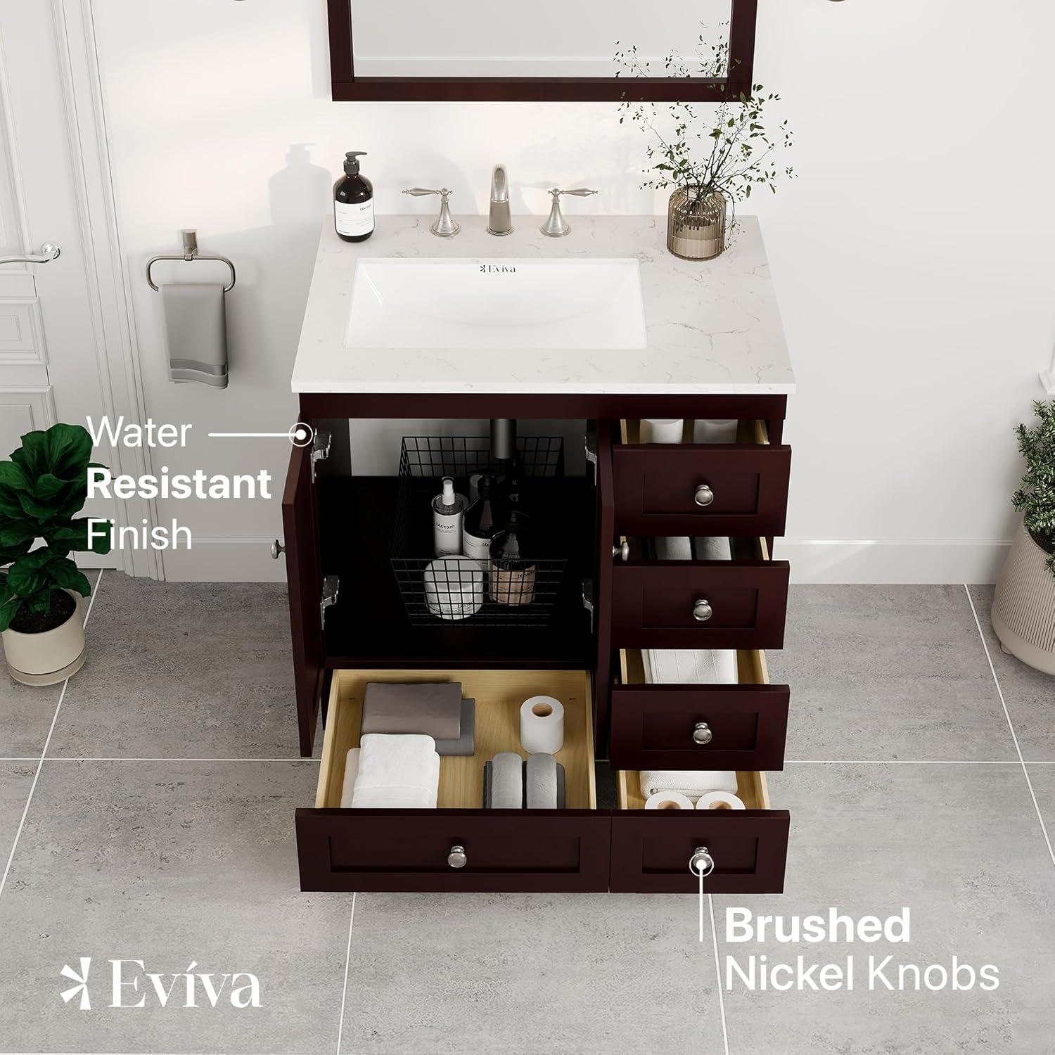 Eviva Acclaim 30"W x 22"D Teak Bathroom Vanity with White Carrara Quartz Vanity Top and Rectangular Undermount Sink