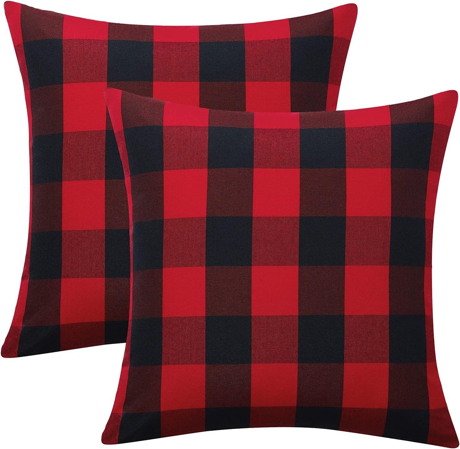 Red and Black Buffalo Plaid Polyester Square Pillow Covers, 18" x 18", Set of 2