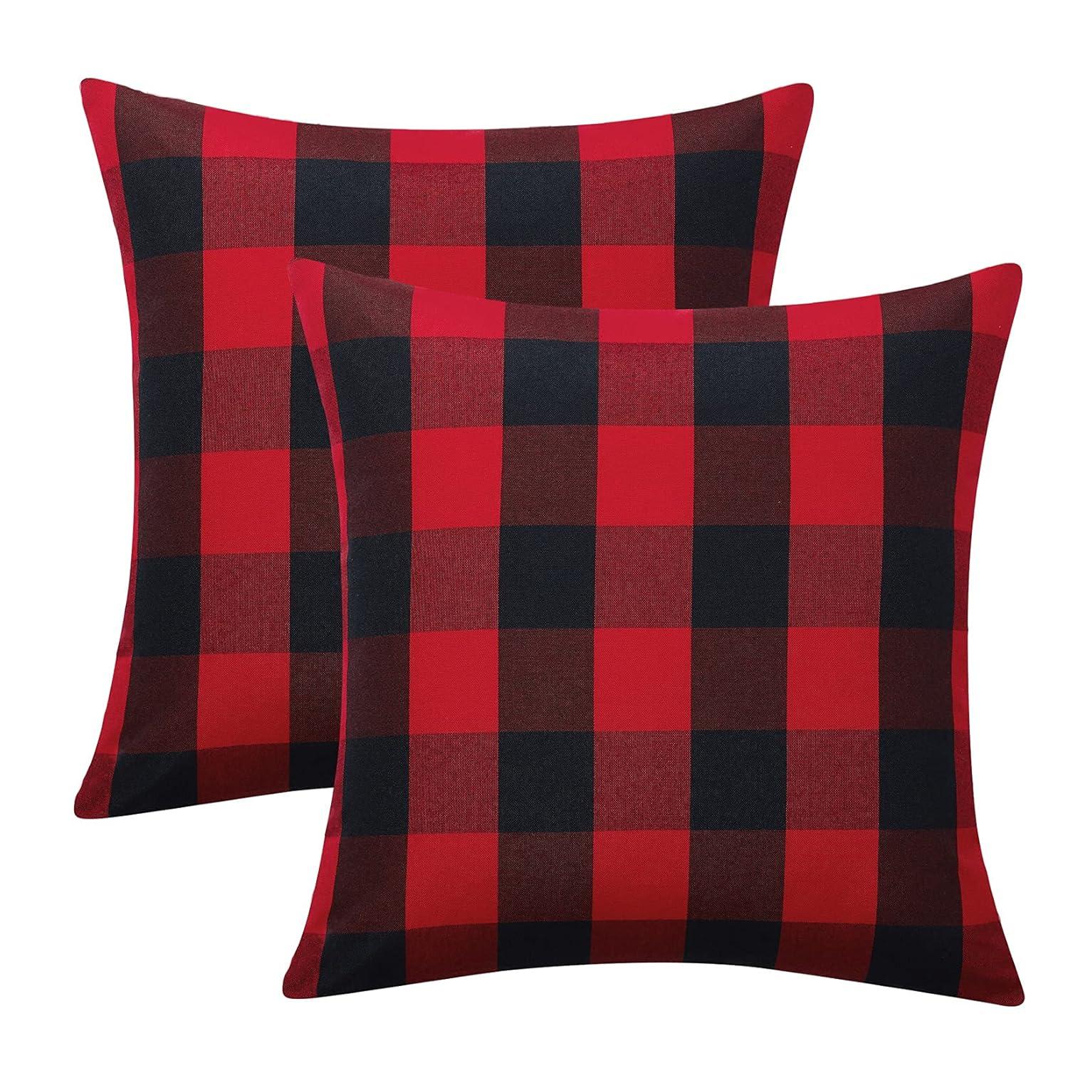 2 Pack Christmas Pillow Covers Buffalo Check Plaid Throw Decorative Cushion Case Polyester for Farmhouse Home Decor Red and Black, 18" x 18"