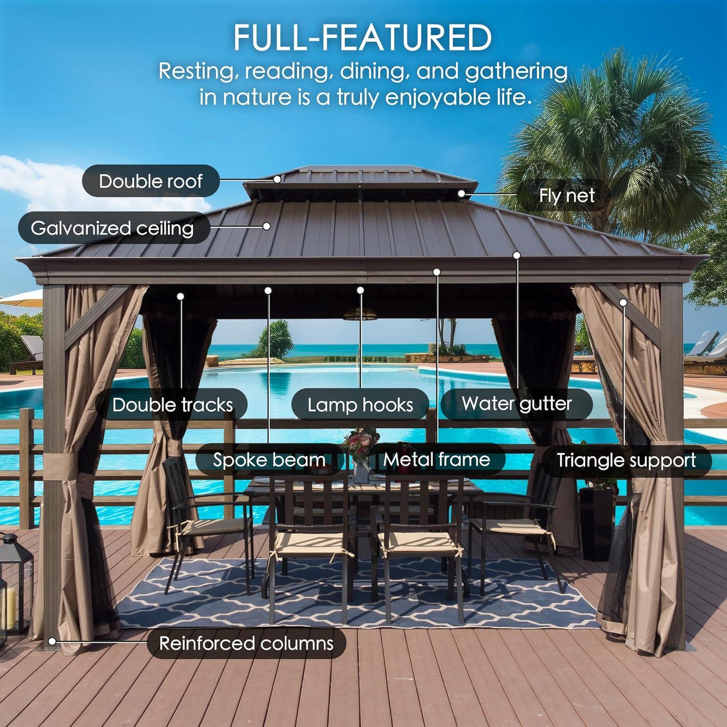 Alexander 12' x 18' Brown Aluminum Hardtop Gazebo with Curtains and Netting