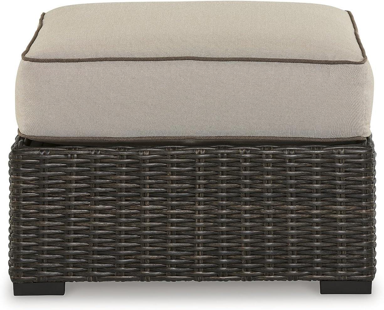 Beige and Brown Outdoor Resin Wicker Ottoman with Cushion