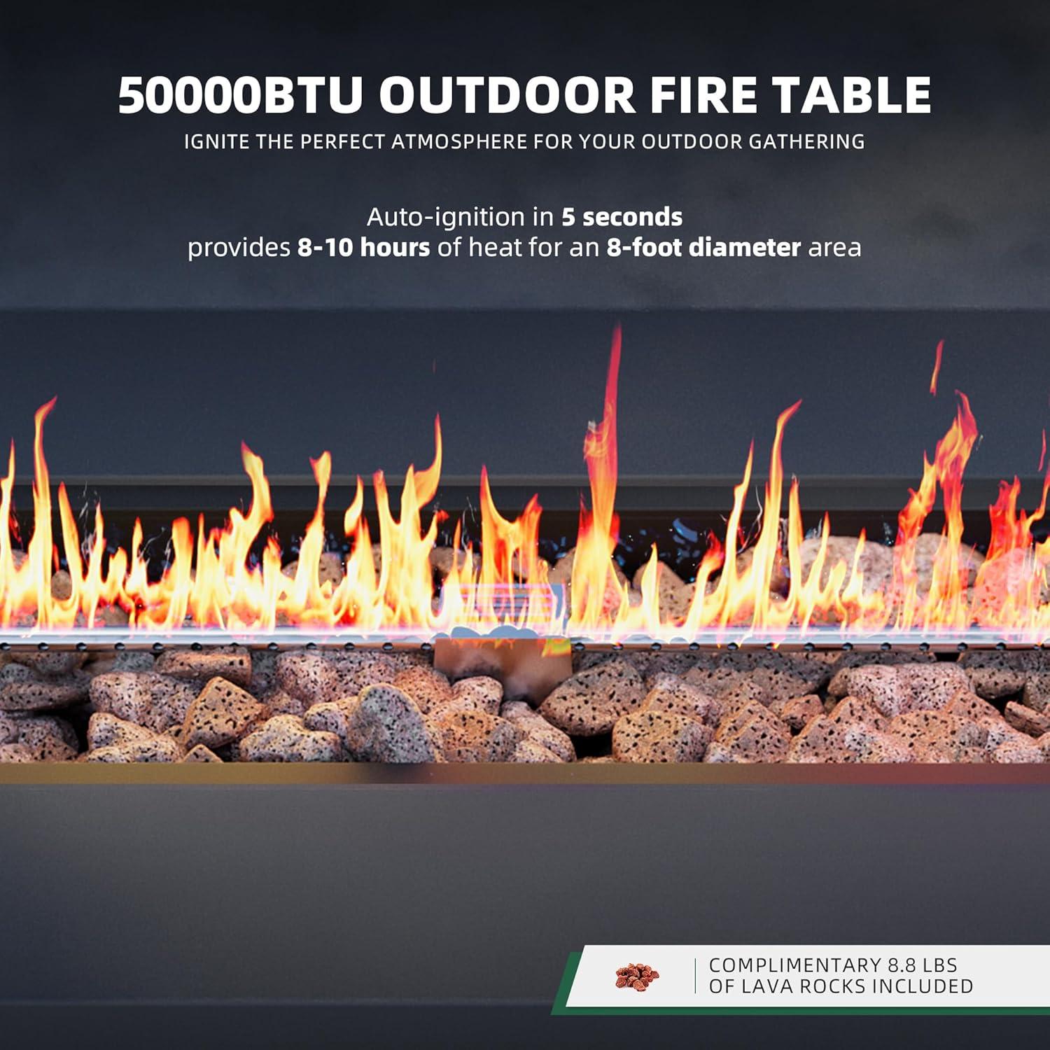 UPHA 42-inch Outdoor Propane Rectangle Fire Pit Table 50000 BTU Iron Gas FirePit for Outside Patio with Tank Cover, Removable Lid, Lava Rocks, Rain Cover, Grey