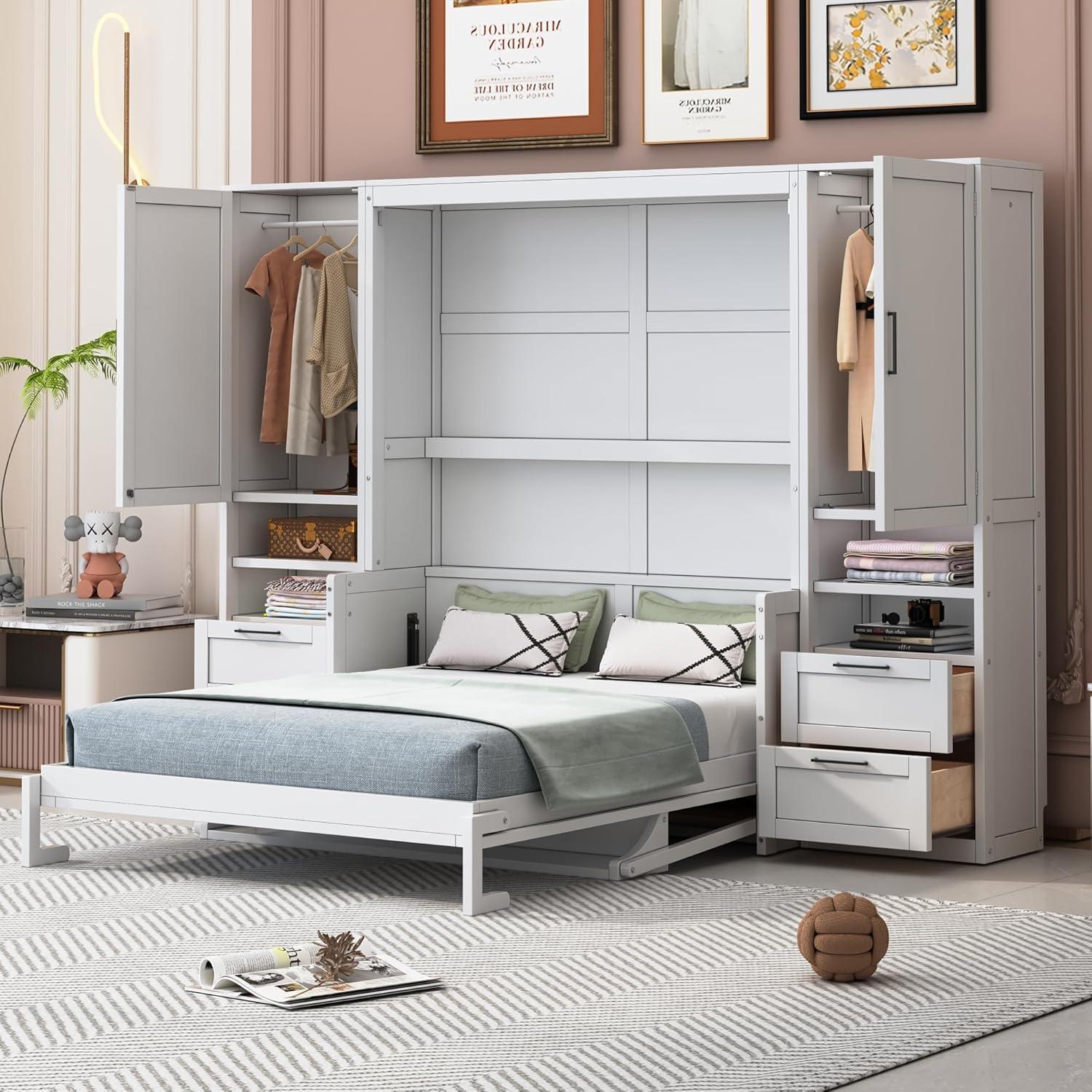 Harper & Bright Designs Queen Size Murphy Bed, Wooden Queen Wall Bed with Closet, Drawers and Shelves, White