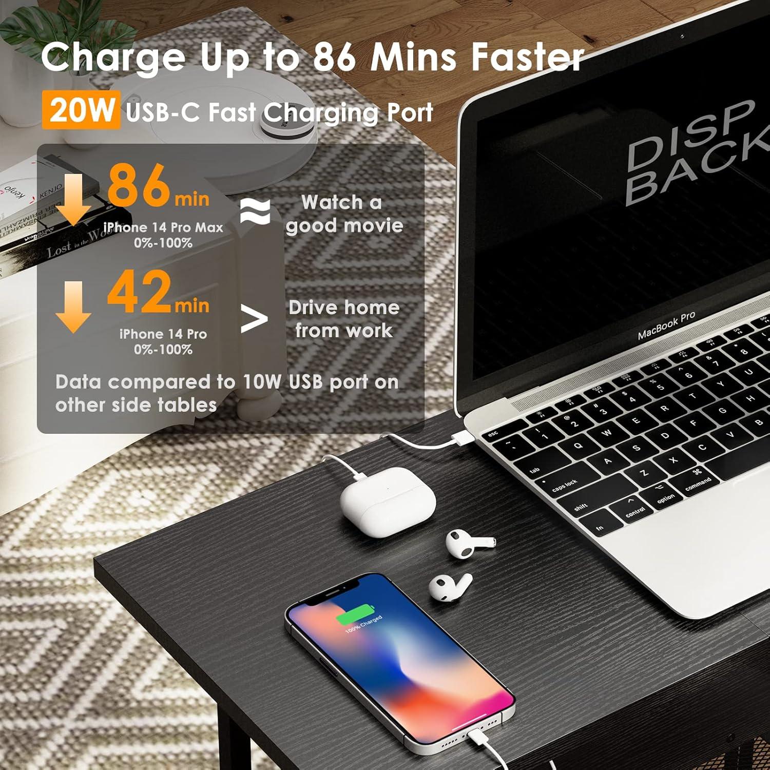 Slim Side Table With Wheels, USB Ports And Outlets, Rolling Narrow End Table With Charging Station And Bag, Flip Top Nightstand With Hidden Storage Shelves For Living Room Bedroom Small Spaces