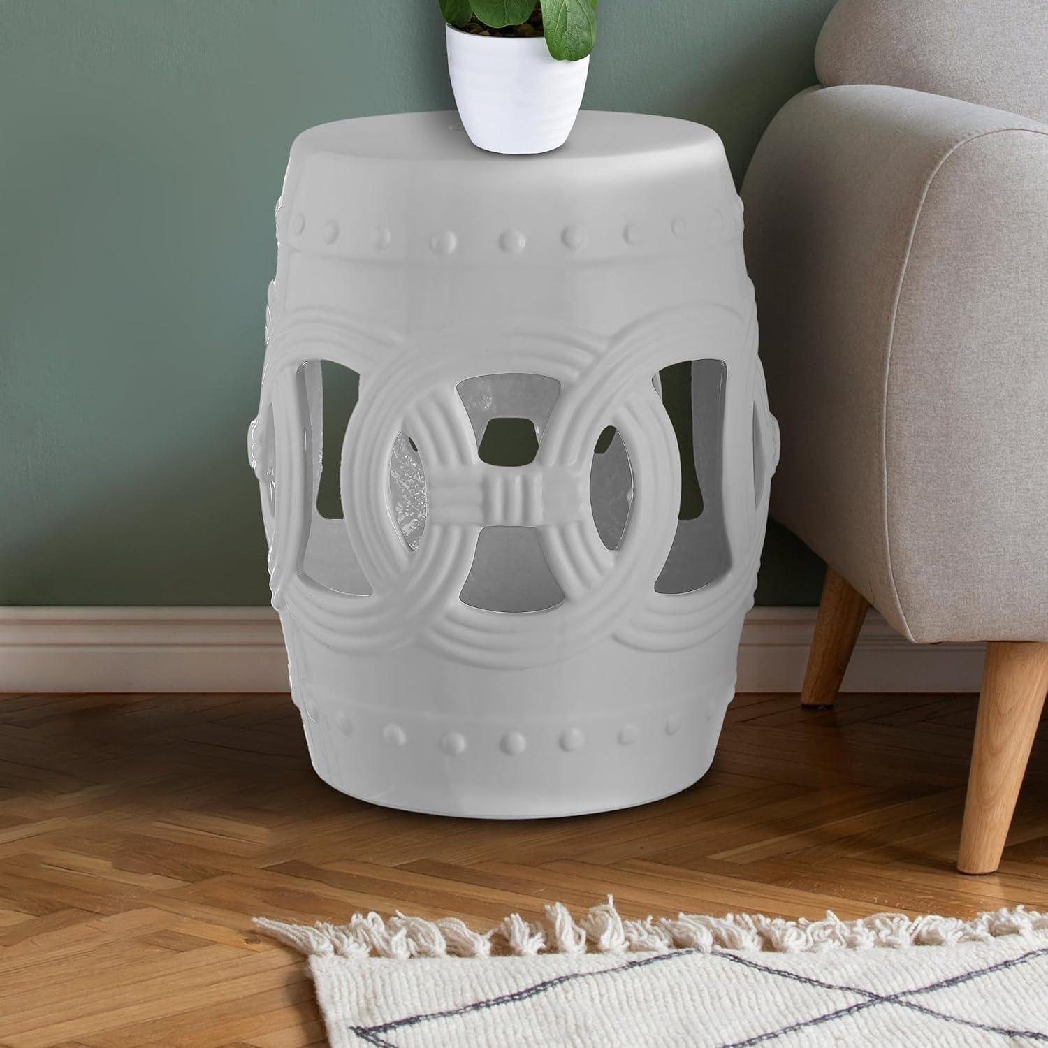 Lucky Coins 16" Eastern-Inspired Ceramic Drum Garden Stool, White - JONATHAN Y