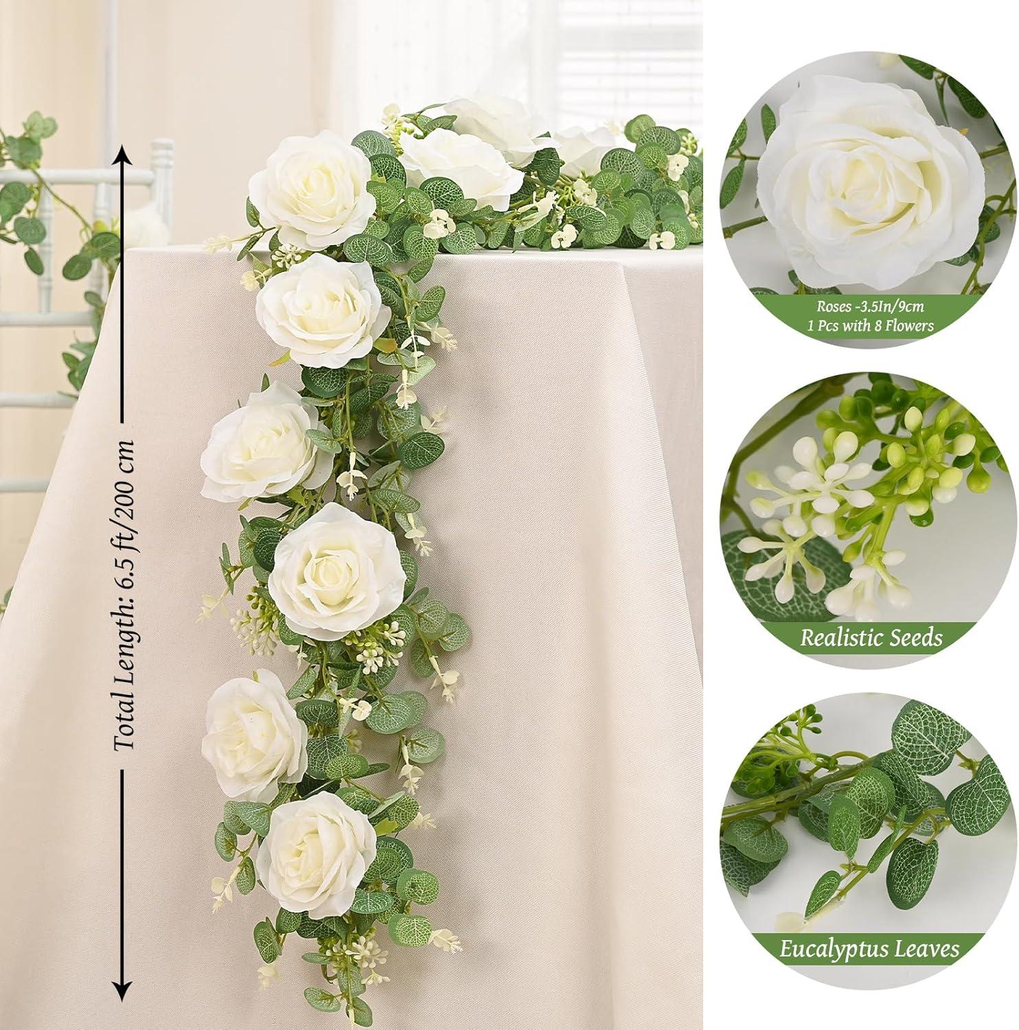 13Ft White Rose and Eucalyptus Artificial Garland Set