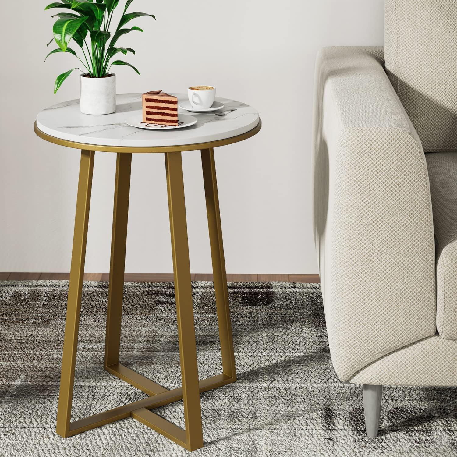 Round White Marble and Gold Metal Side Table