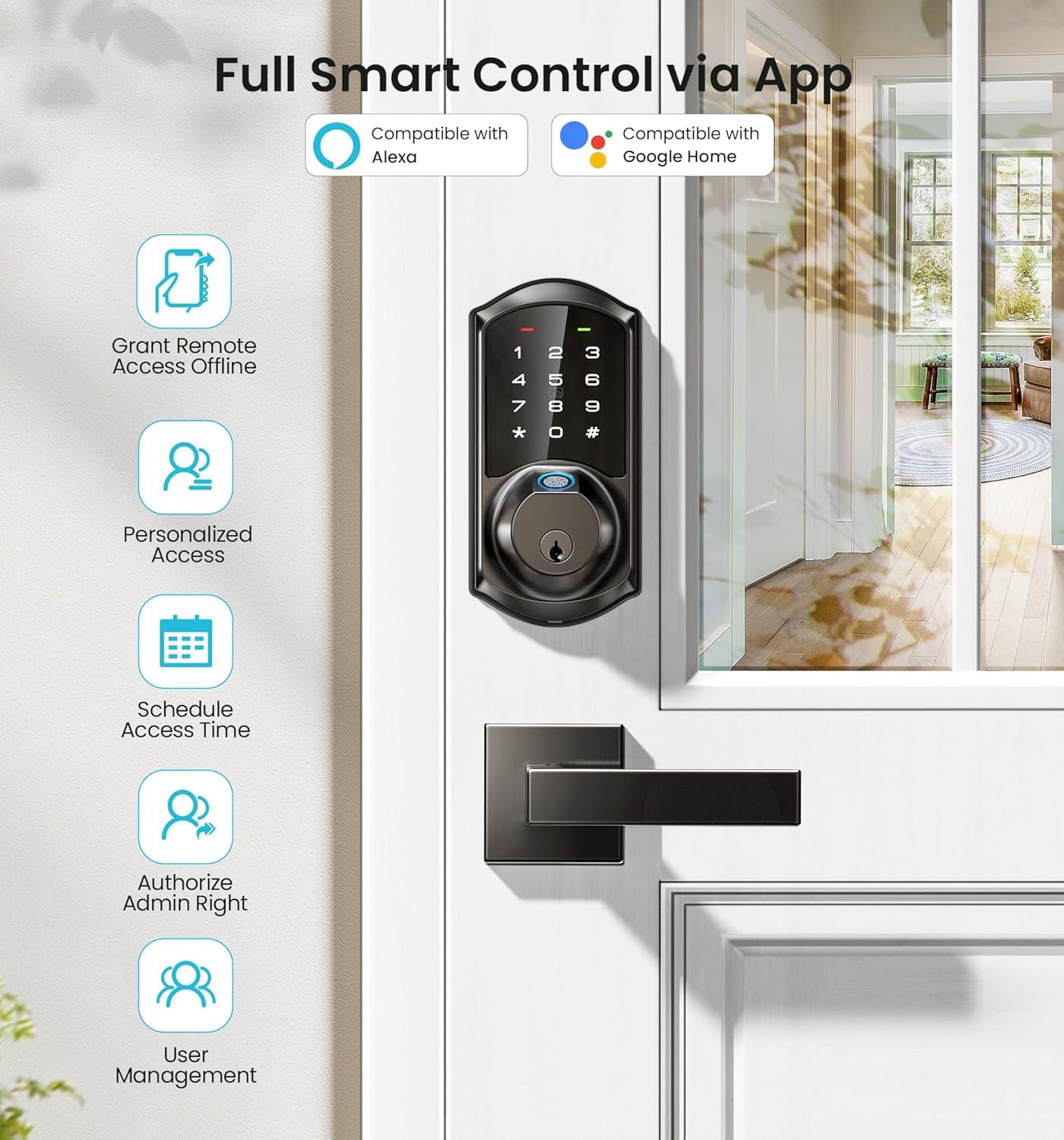 Veise VE07-L Fingerprint Smart Locks for Front Door with 2 Lever Handle Set, App Control, Keyless Entry, Electronic Digital Keypad Deadbolt, Auto Lock, Waterproof, Easy to Install, Matte Black