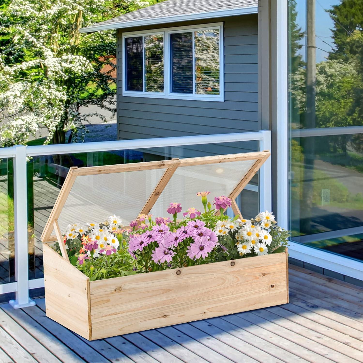 Natural Fir Wood Outdoor Raised Garden Bed with Flip Top Lid