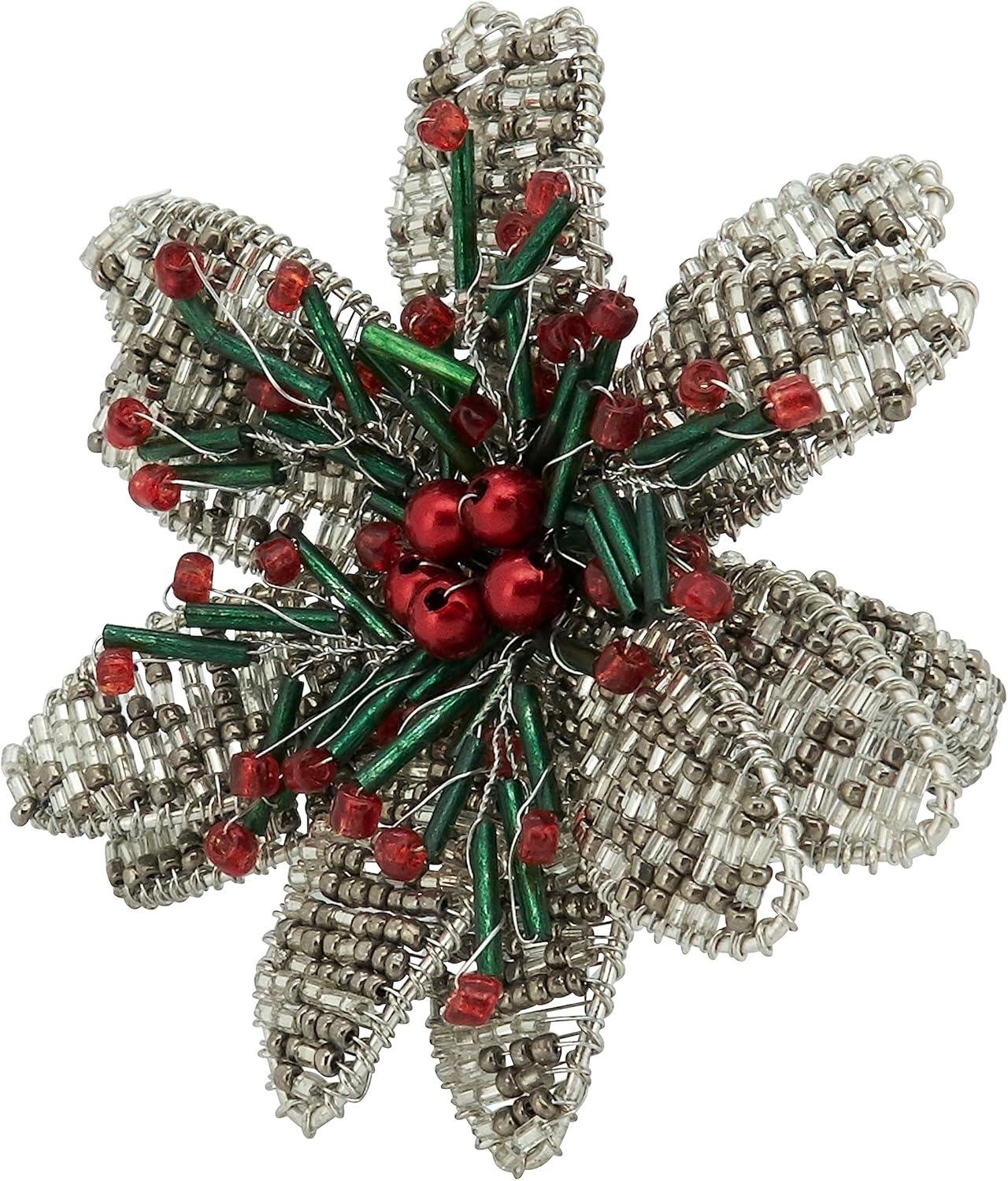 Silver Beaded Flower Napkin Rings Set of 4