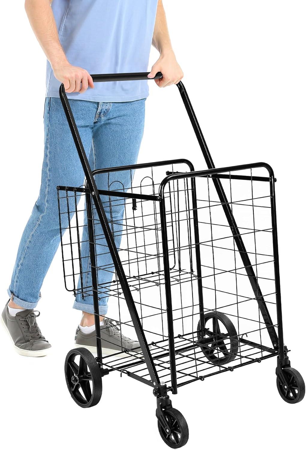 Foldable Shopping Utility Cart with 360-Degree Wheels, X-Large, Black